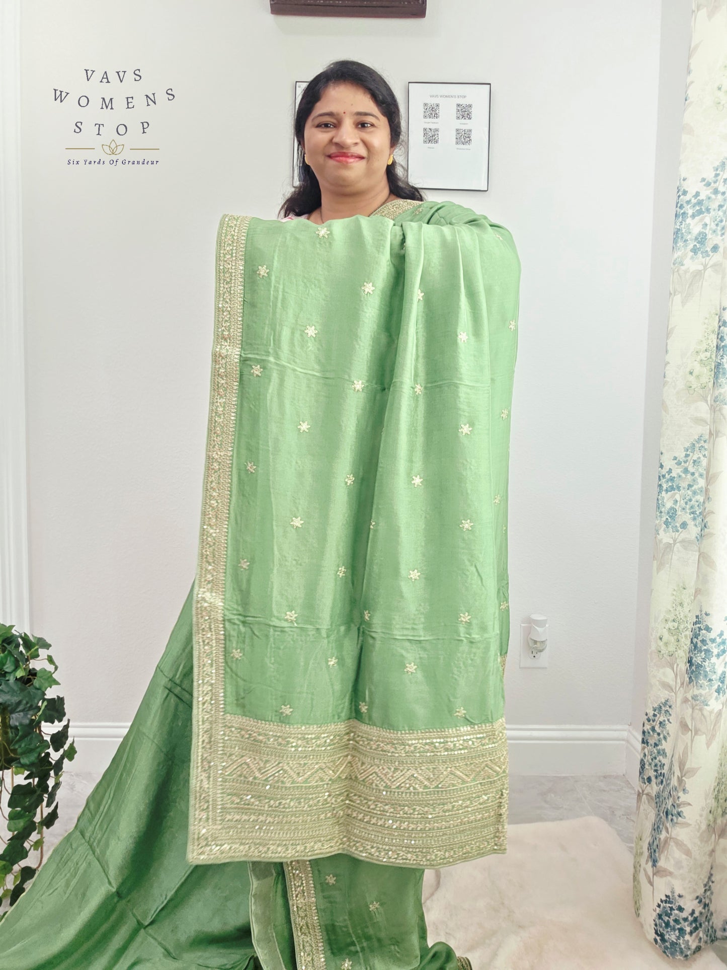 Sage Mint Green Sabyasachi Inspired Viscose Crepe Silk Saree with Floral Designer Stitched Blouse