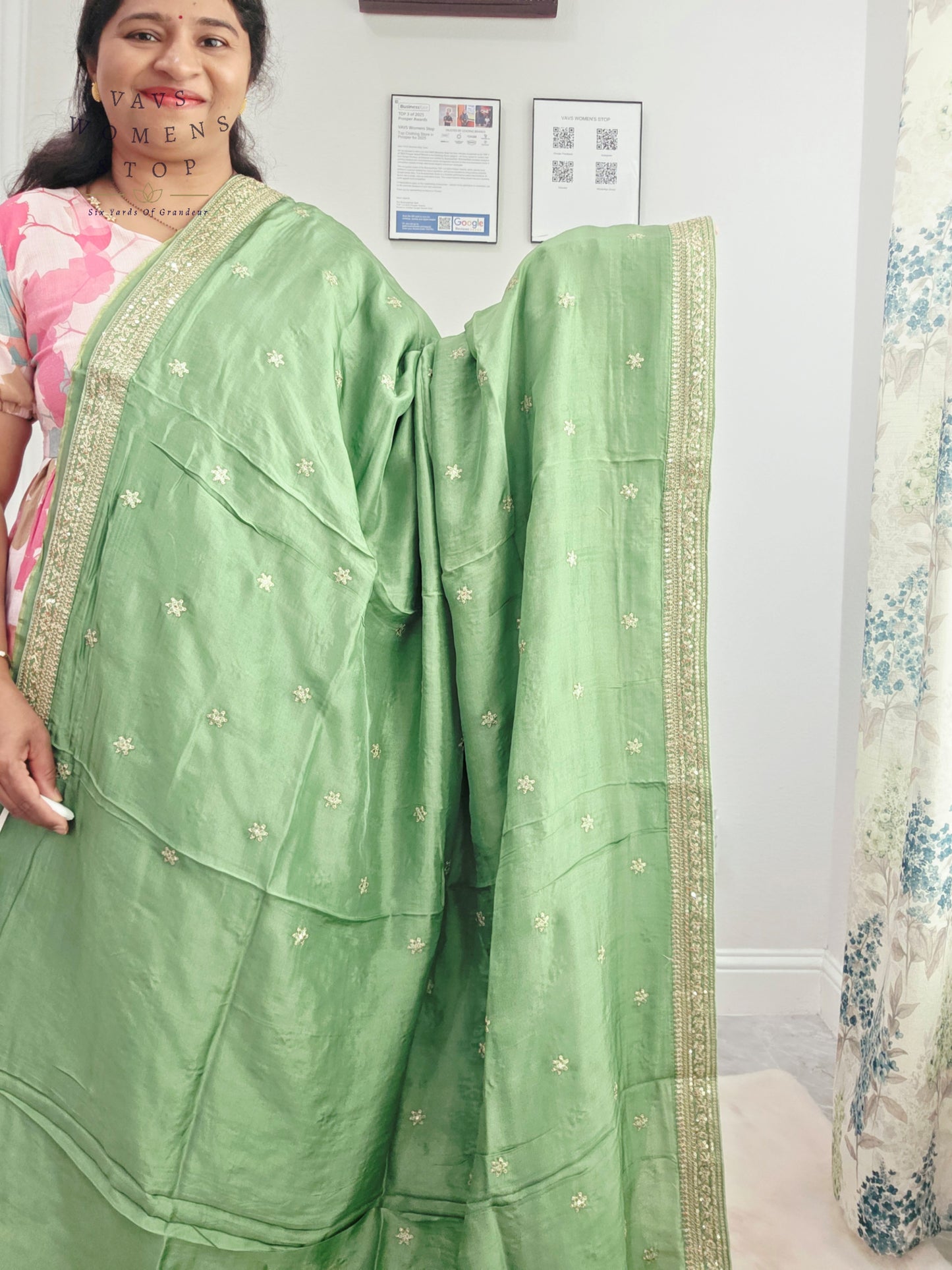 Sage Mint Green Sabyasachi Inspired Viscose Crepe Silk Saree with Floral Designer Stitched Blouse