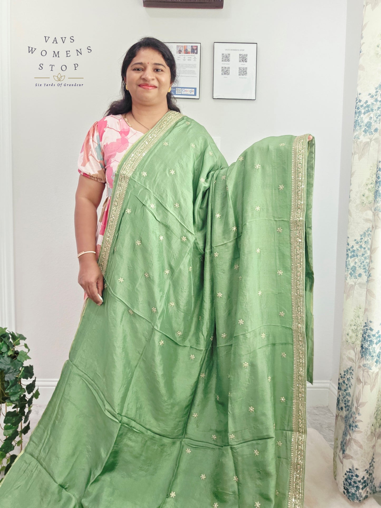 Sage Mint Green Sabyasachi Inspired Viscose Crepe Silk Saree with Floral Designer Stitched Blouse