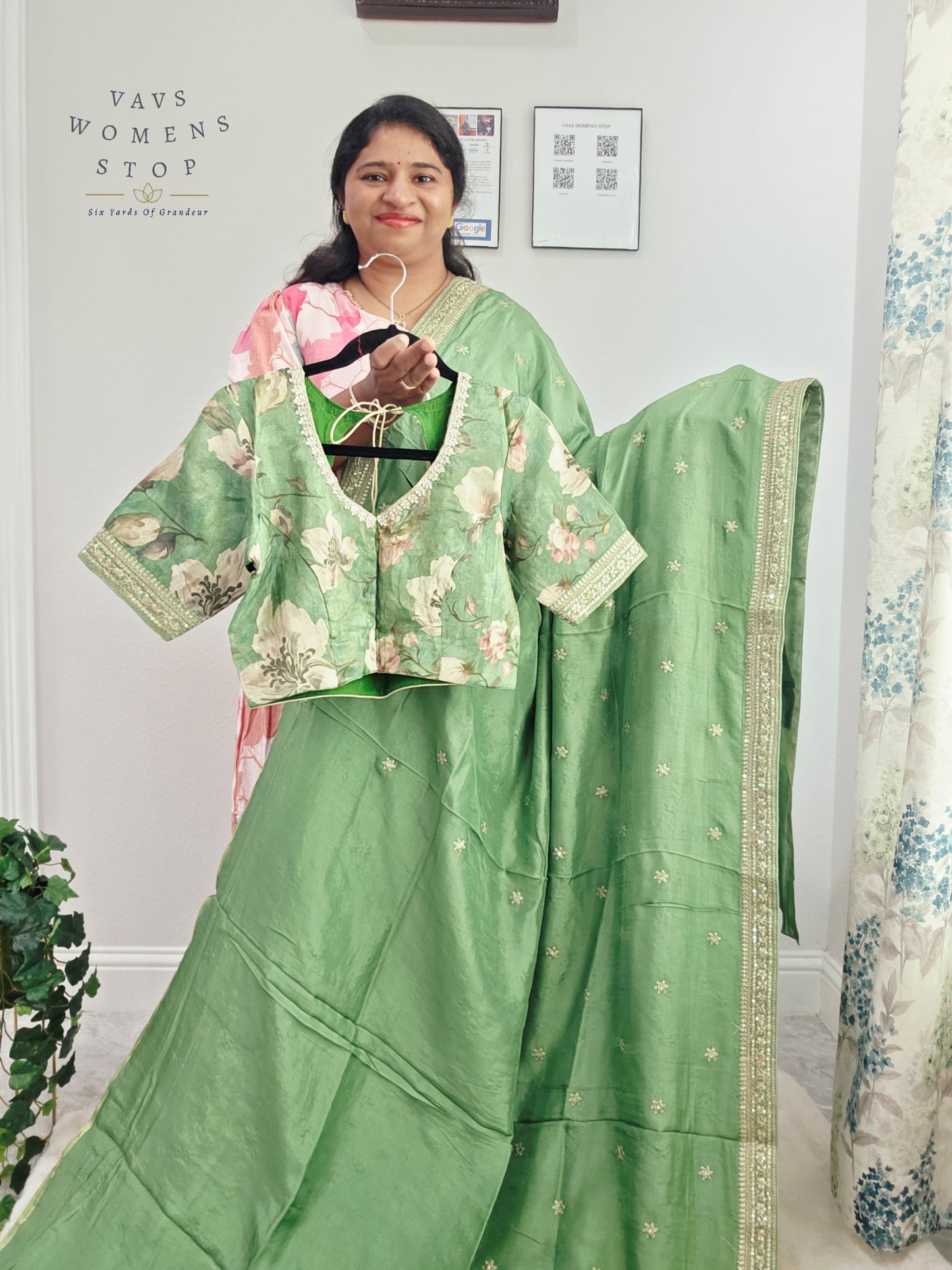 Sage Mint Green Sabyasachi Inspired Viscose Crepe Silk Saree with Floral Designer Stitched Blouse