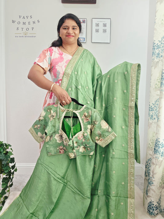 Sage Mint Green Sabyasachi Inspired Viscose Crepe Silk Saree with Floral Designer Stitched Blouse