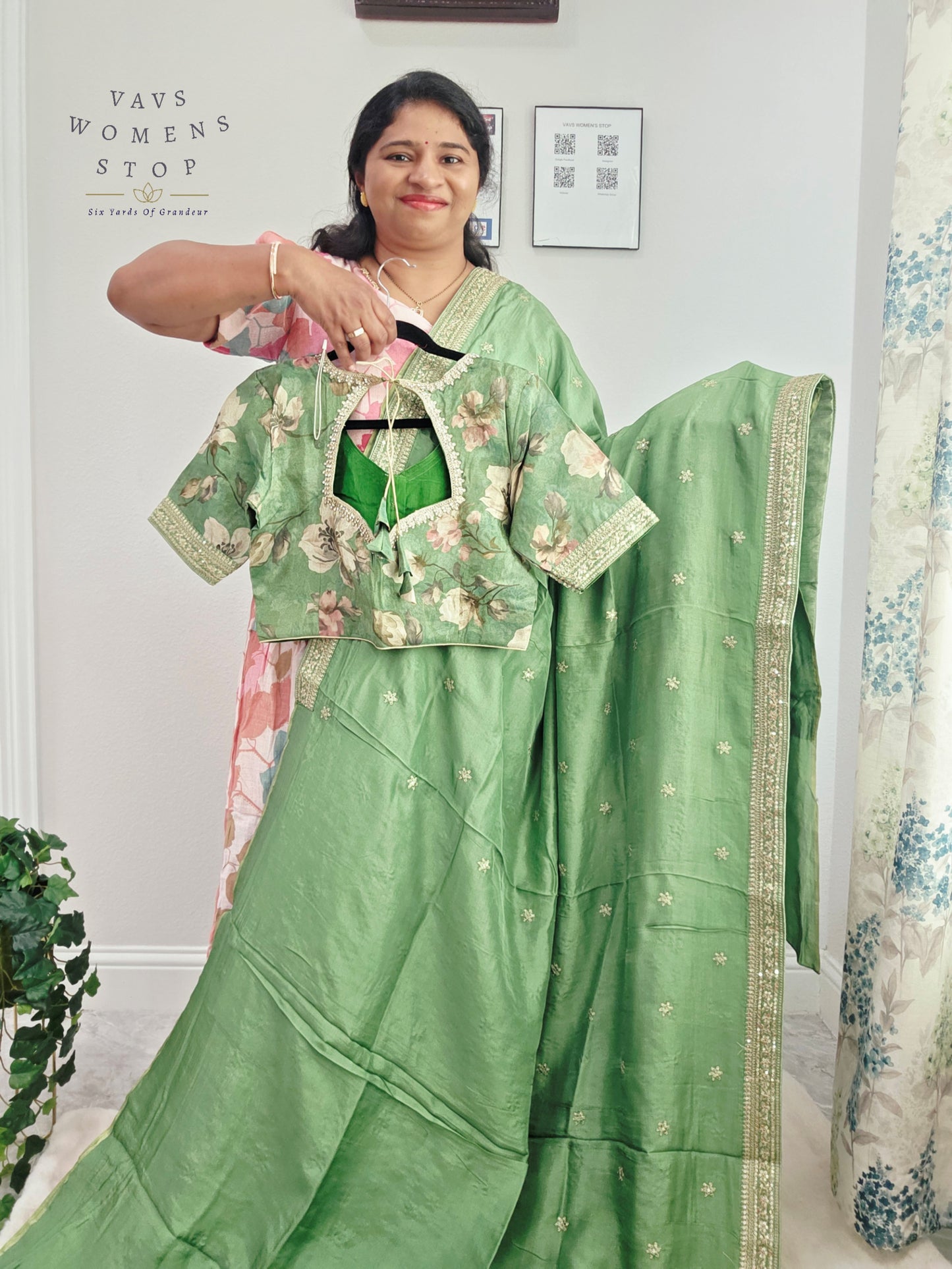 Sage Mint Green Sabyasachi Inspired Viscose Crepe Silk Saree with Floral Designer Stitched Blouse