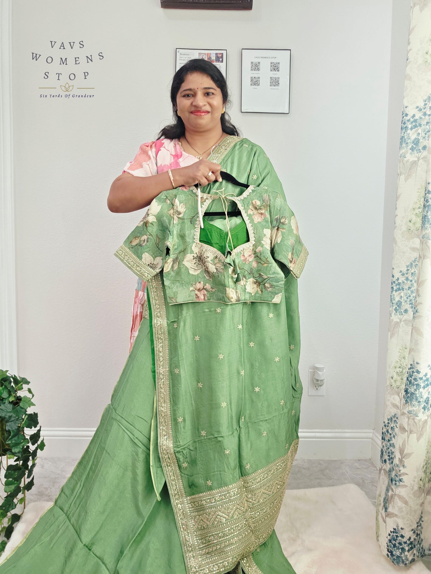 Sage Mint Green Sabyasachi Inspired Viscose Crepe Silk Saree with Floral Designer Stitched Blouse