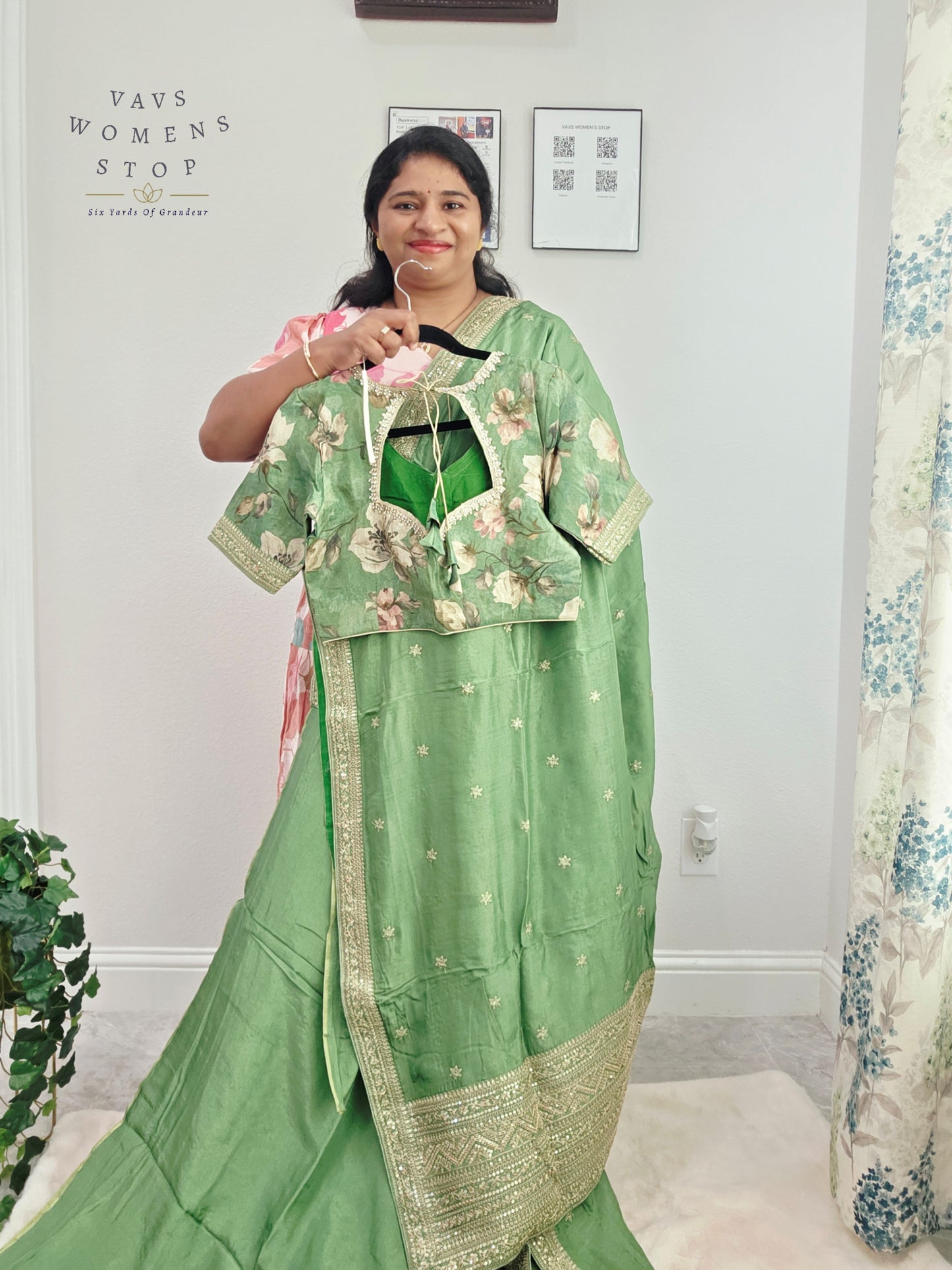 Sage Mint Green Sabyasachi Inspired Viscose Crepe Silk Saree with Floral Designer Stitched Blouse