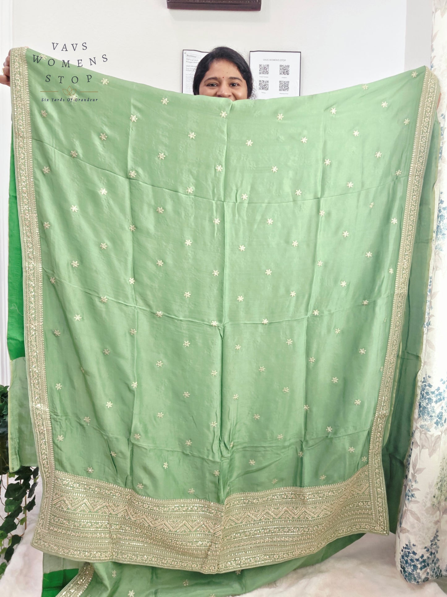 Sage Mint Green Sabyasachi Inspired Viscose Crepe Silk Saree with Floral Designer Stitched Blouse