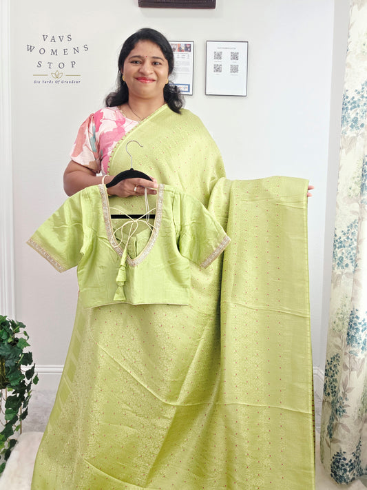 Pistachio Lime H.O Crepe Silk Saree with Designer Stitched Blouse