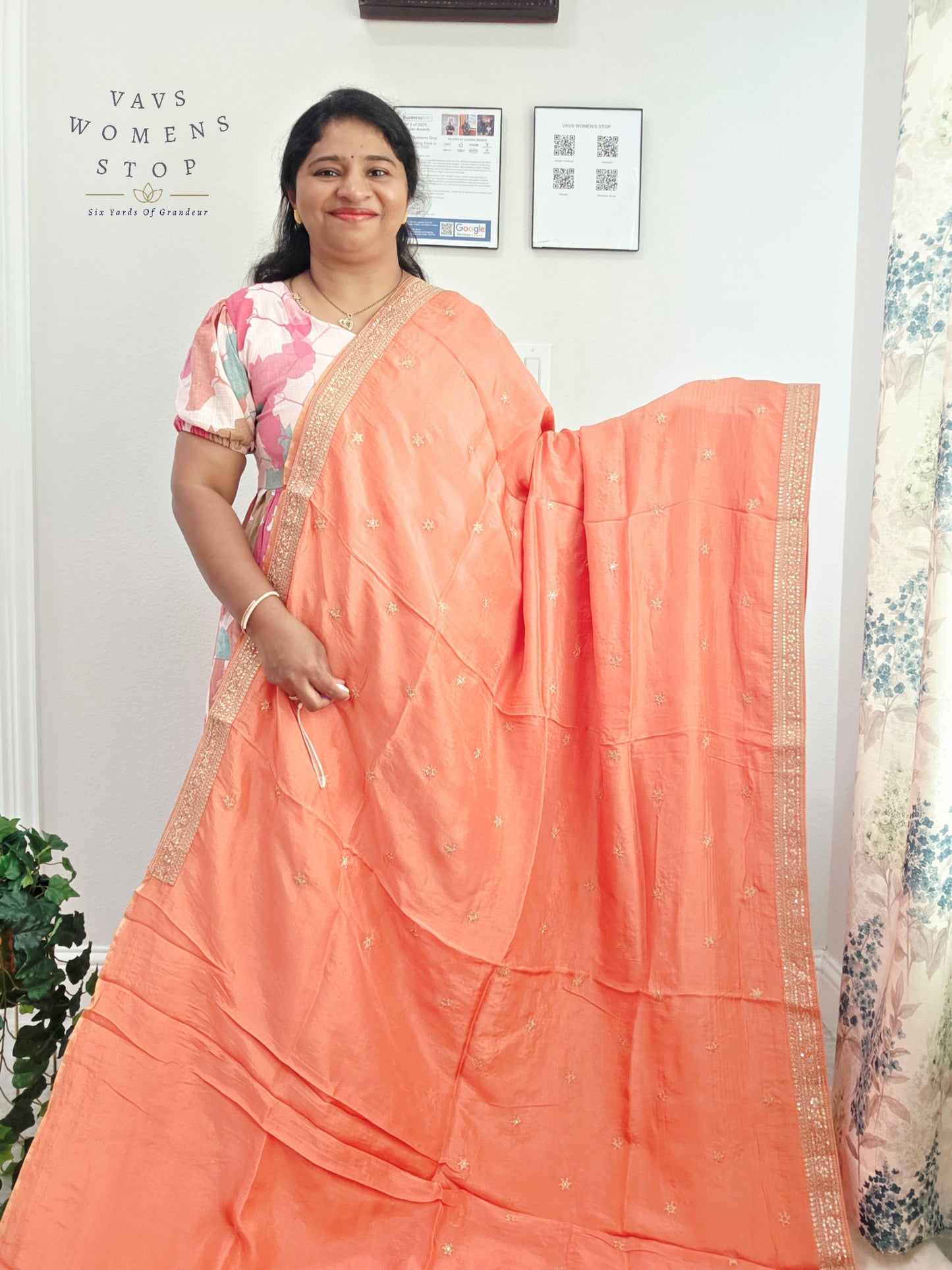 Peach Blossom Sabyasachi Inspired Viscose Crepe Silk Saree with Floral Designer Stitched Blouse