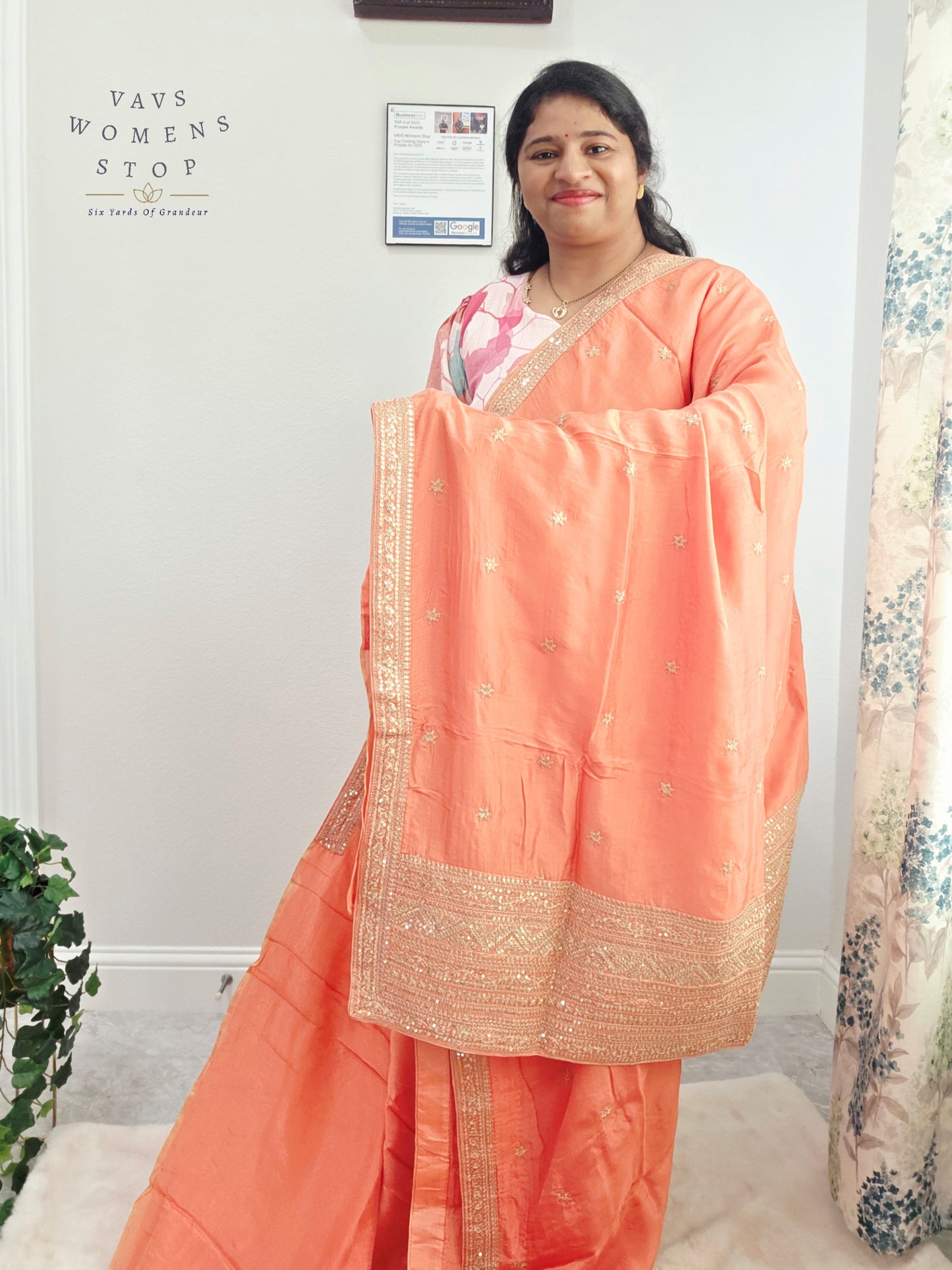 Peach Blossom Sabyasachi Inspired Viscose Crepe Silk Saree with Floral Designer Stitched Blouse