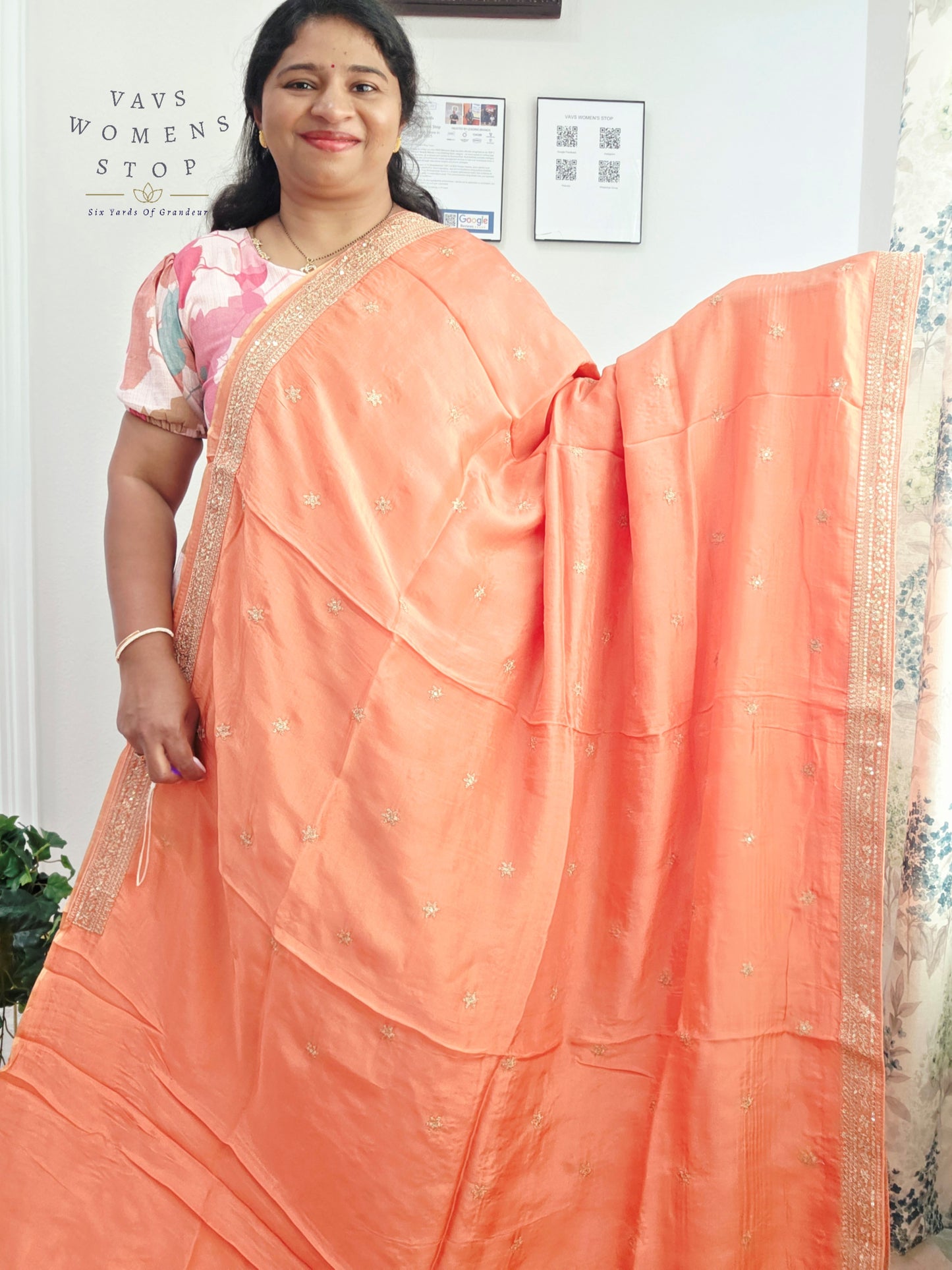 Peach Blossom Sabyasachi Inspired Viscose Crepe Silk Saree with Floral Designer Stitched Blouse