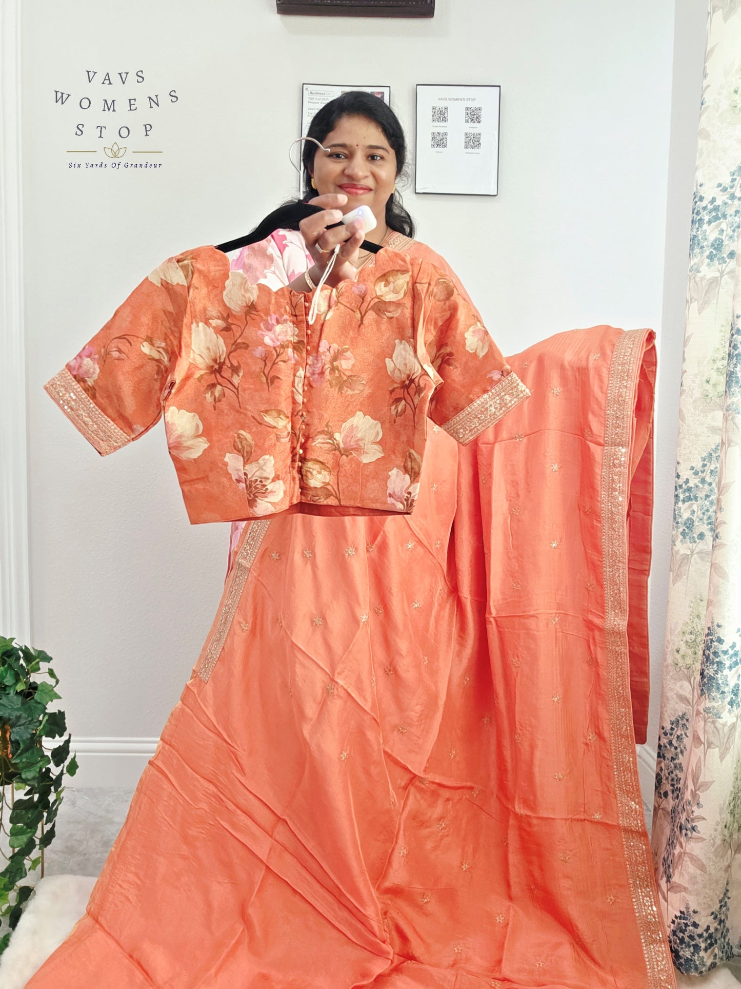 Peach Blossom Sabyasachi Inspired Viscose Crepe Silk Saree with Floral Designer Stitched Blouse