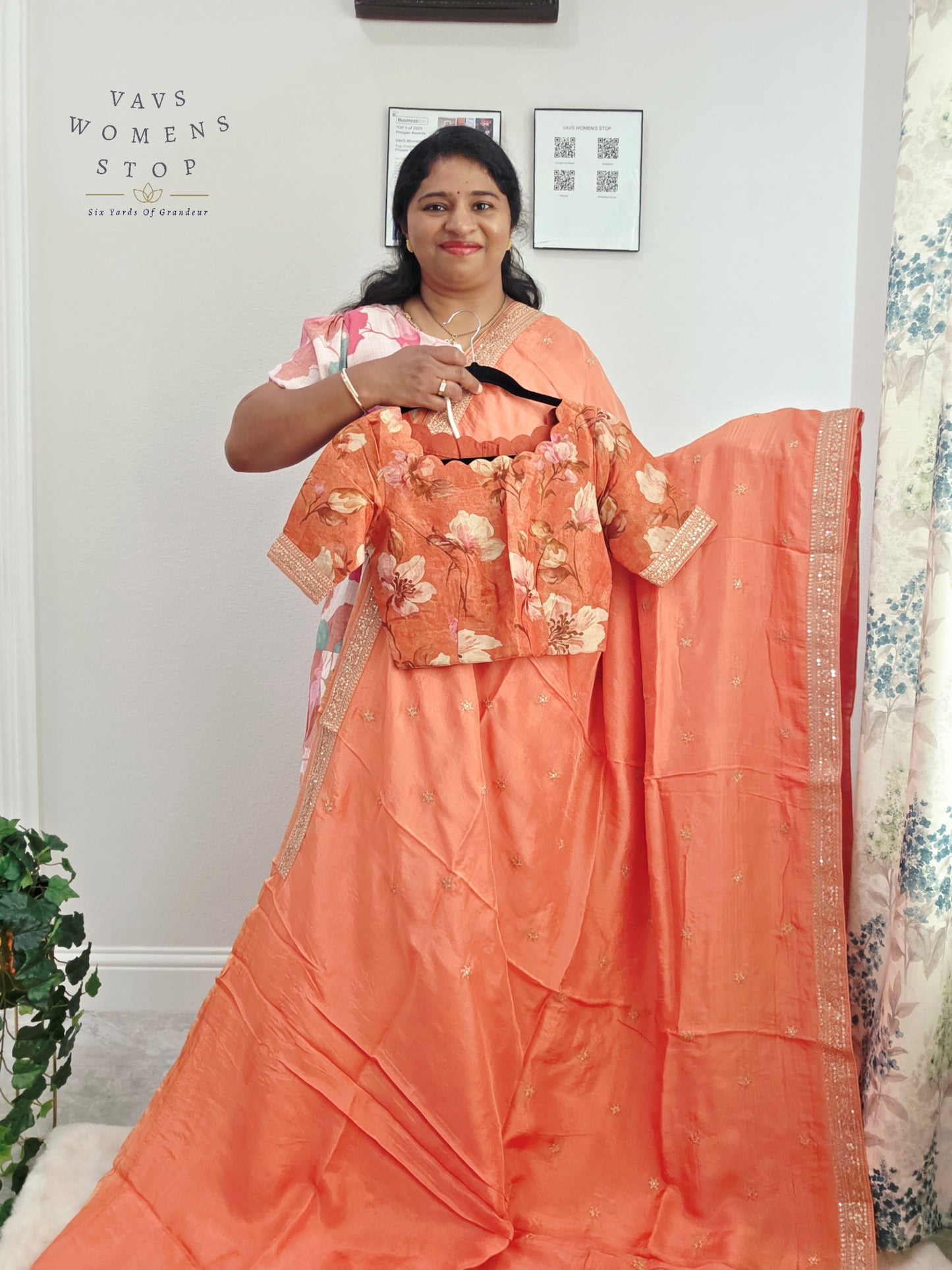 Peach Blossom Sabyasachi Inspired Viscose Crepe Silk Saree with Floral Designer Stitched Blouse