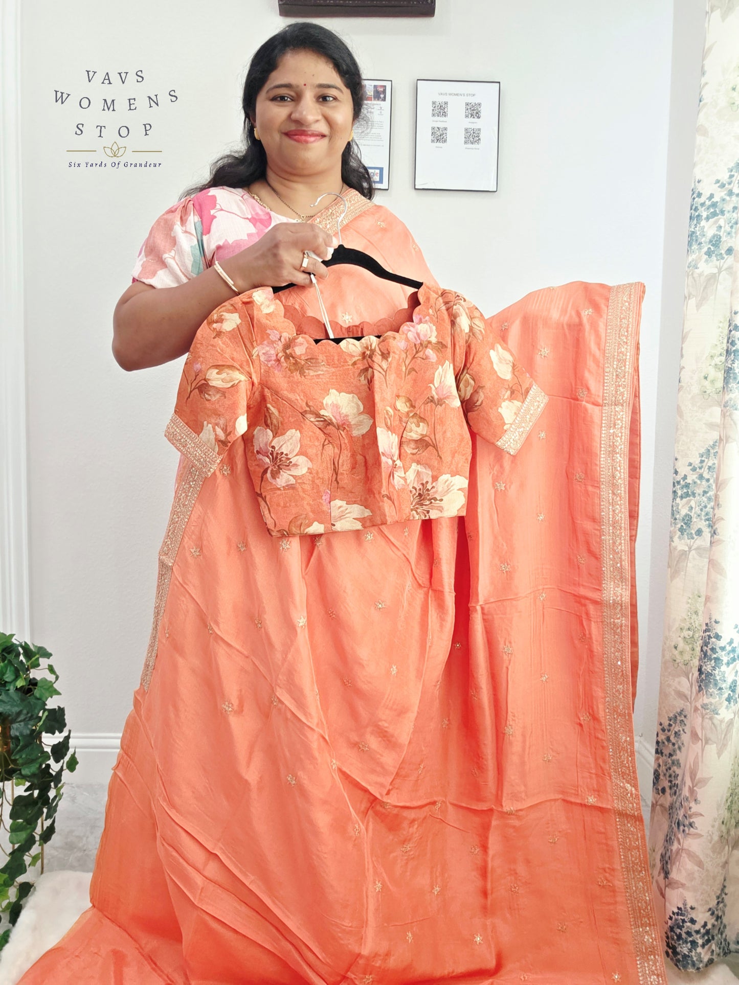 Peach Blossom Sabyasachi Inspired Viscose Crepe Silk Saree with Floral Designer Stitched Blouse