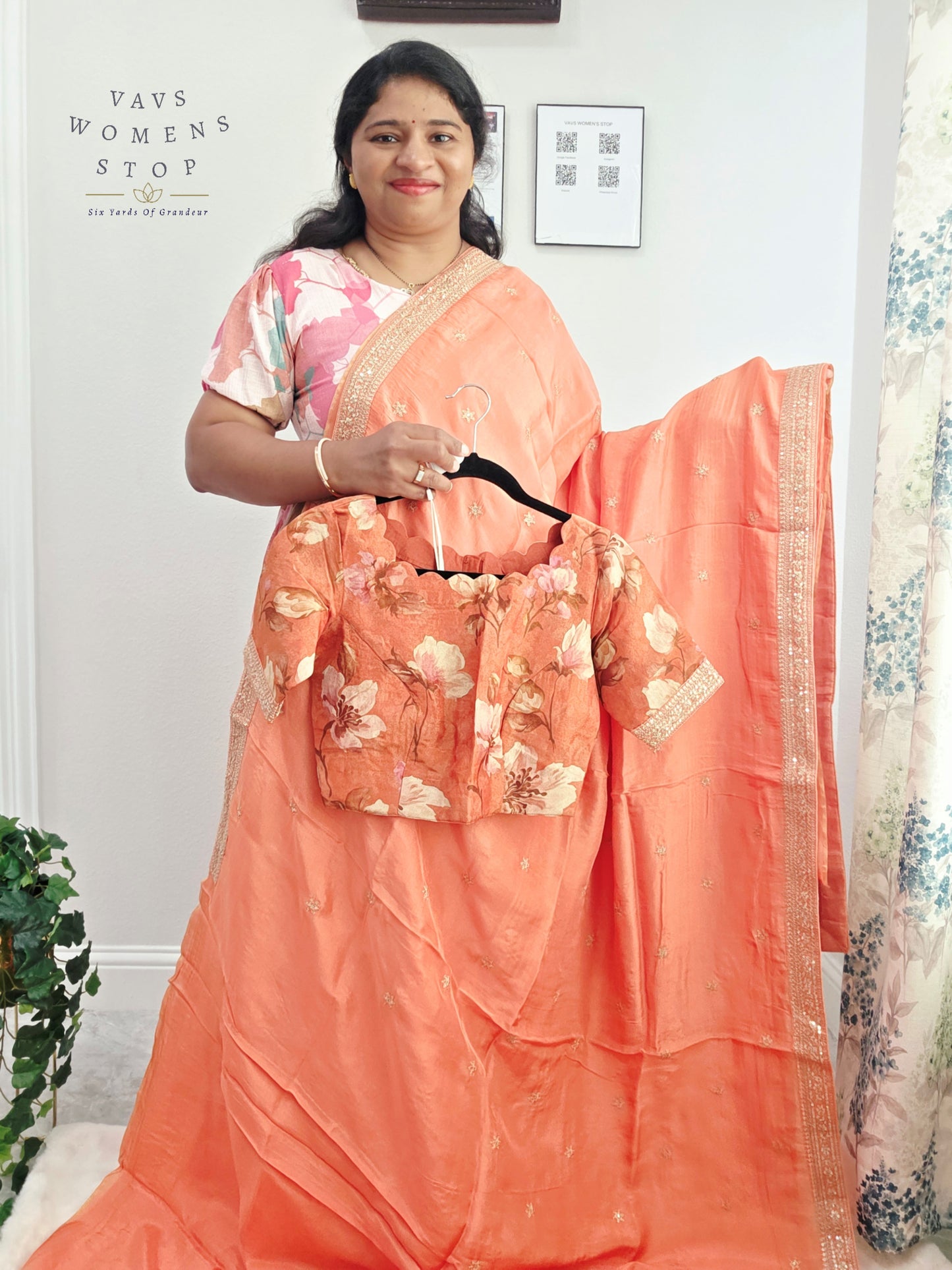 Peach Blossom Sabyasachi Inspired Viscose Crepe Silk Saree with Floral Designer Stitched Blouse