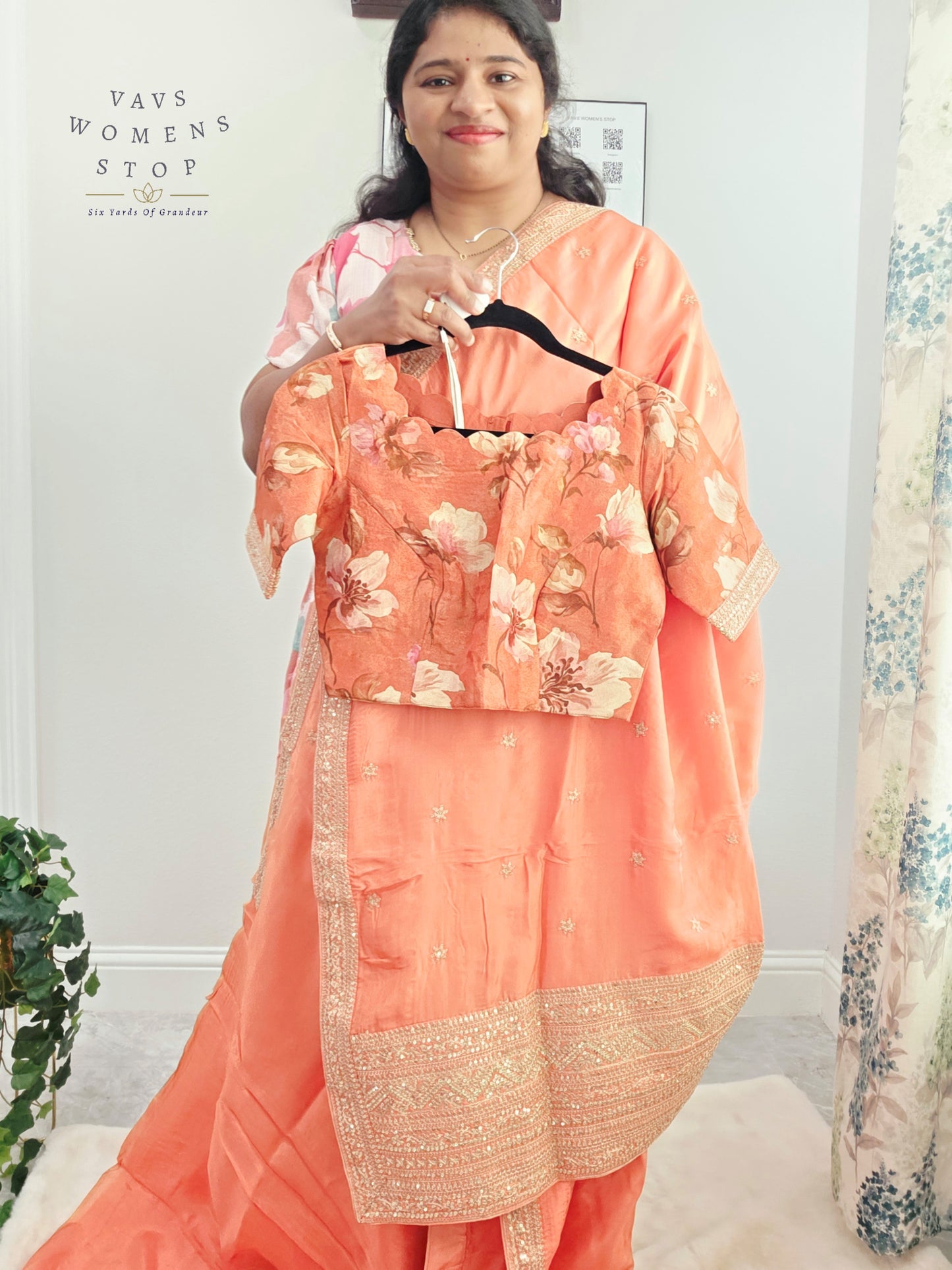Peach Blossom Sabyasachi Inspired Viscose Crepe Silk Saree with Floral Designer Stitched Blouse