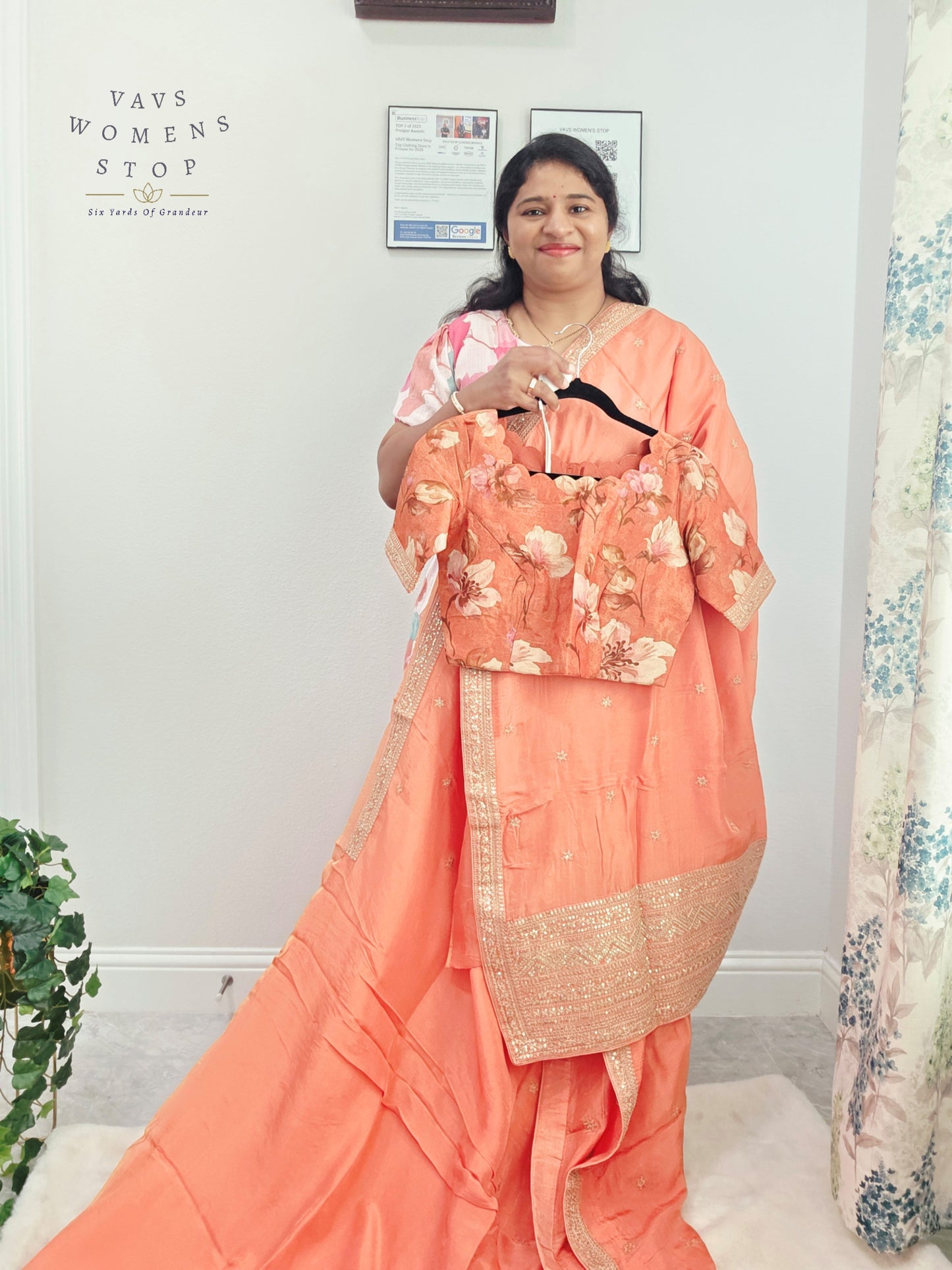 Peach Blossom Sabyasachi Inspired Viscose Crepe Silk Saree with Floral Designer Stitched Blouse