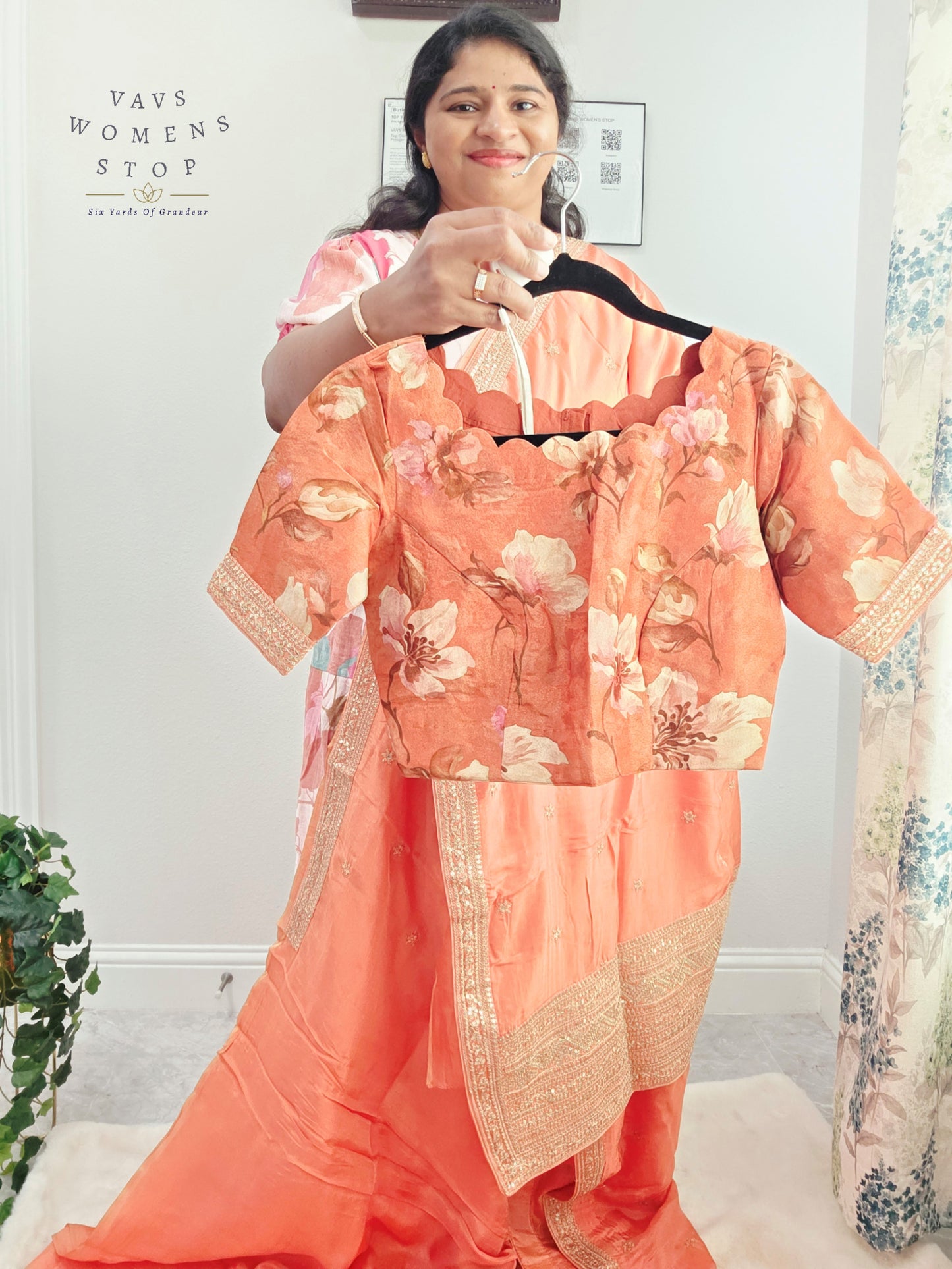 Peach Blossom Sabyasachi Inspired Viscose Crepe Silk Saree with Floral Designer Stitched Blouse