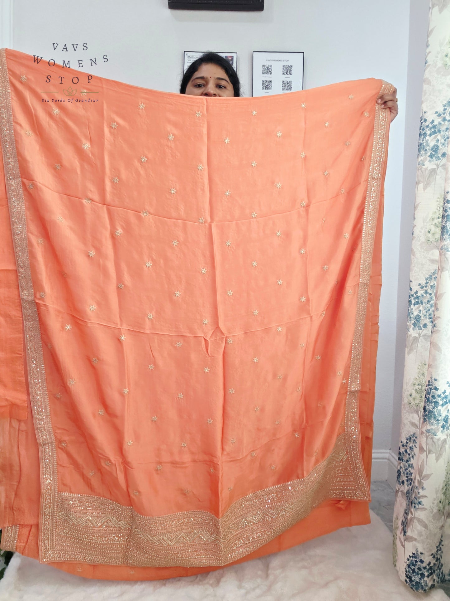 Peach Blossom Sabyasachi Inspired Viscose Crepe Silk Saree with Floral Designer Stitched Blouse