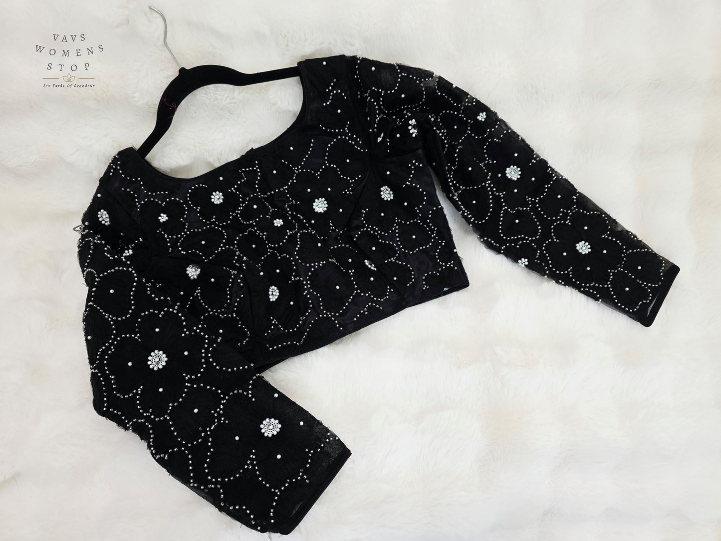 Luxury Midnight Onyx Black Designer Net Crystal Work Blouse | Full Sleeves | Size 36-42