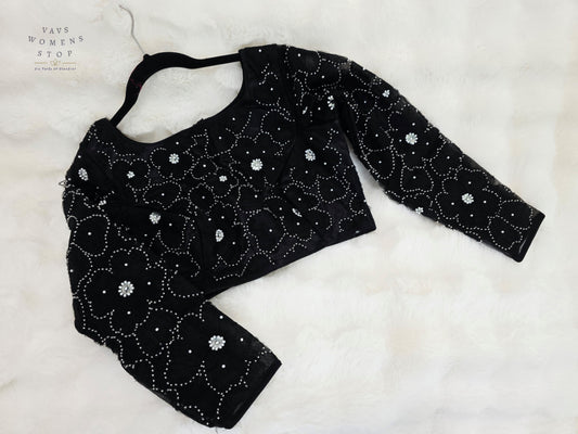 Luxury Midnight Onyx Black Designer Net Crystal Work Blouse | Full Sleeves | Size 36-42
