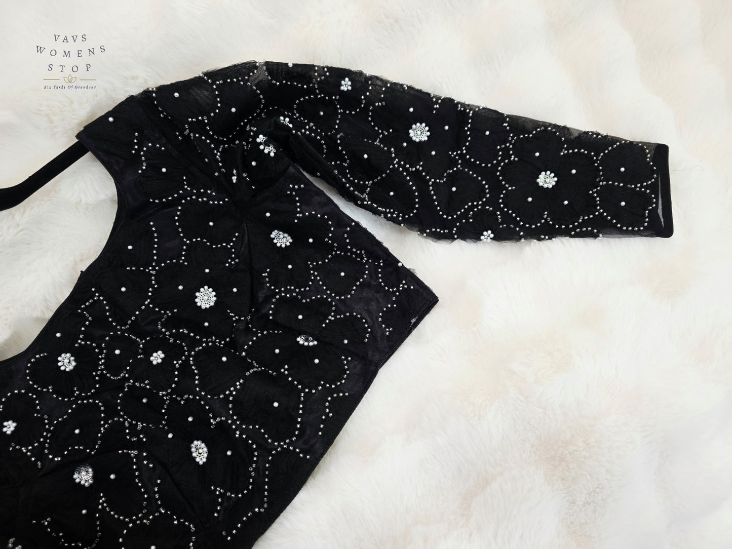 Luxury Midnight Onyx Black Designer Net Crystal Work Blouse | Full Sleeves | Size 36-42