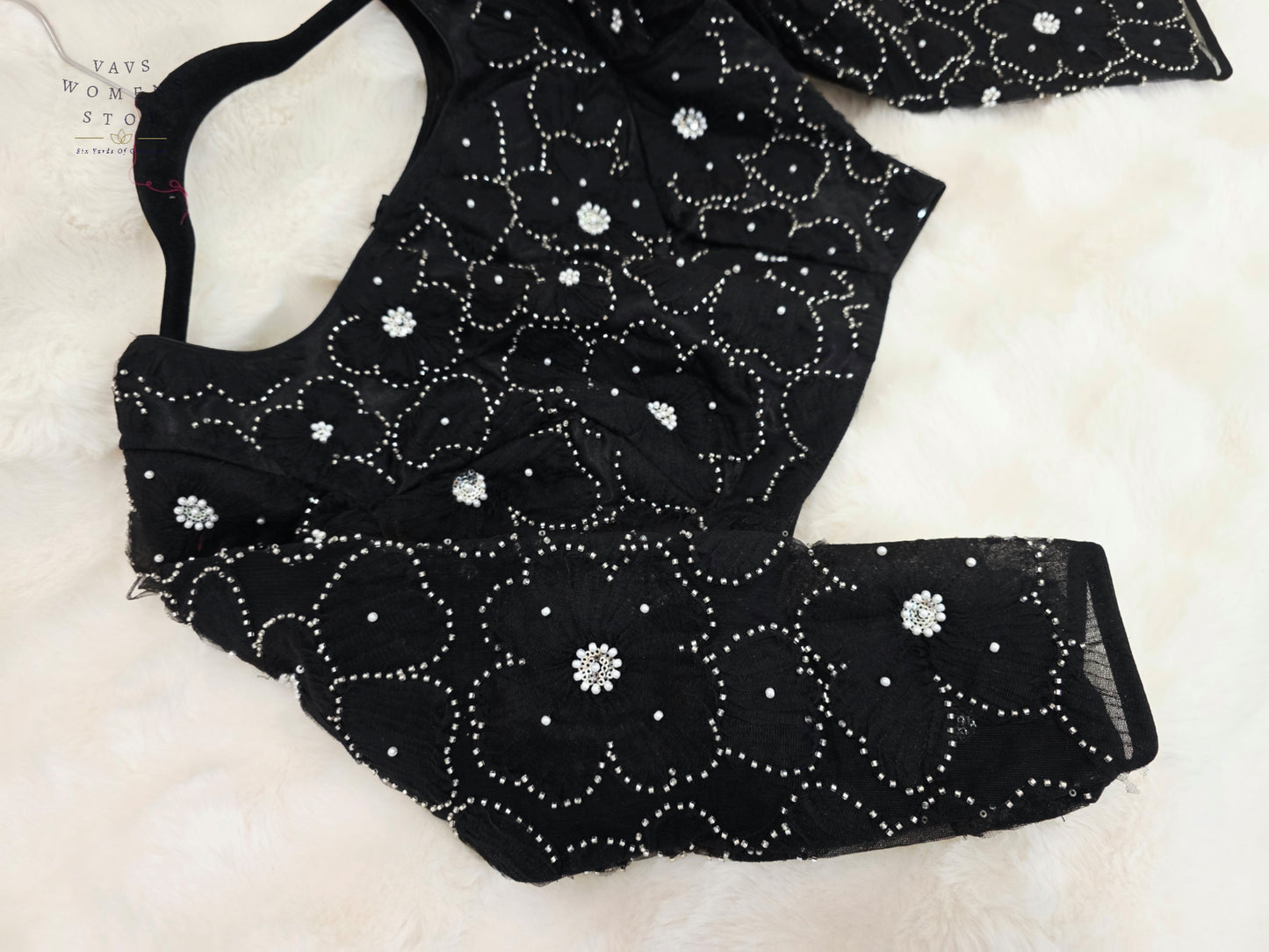 Luxury Midnight Onyx Black Designer Net Crystal Work Blouse | Full Sleeves | Size 36-42