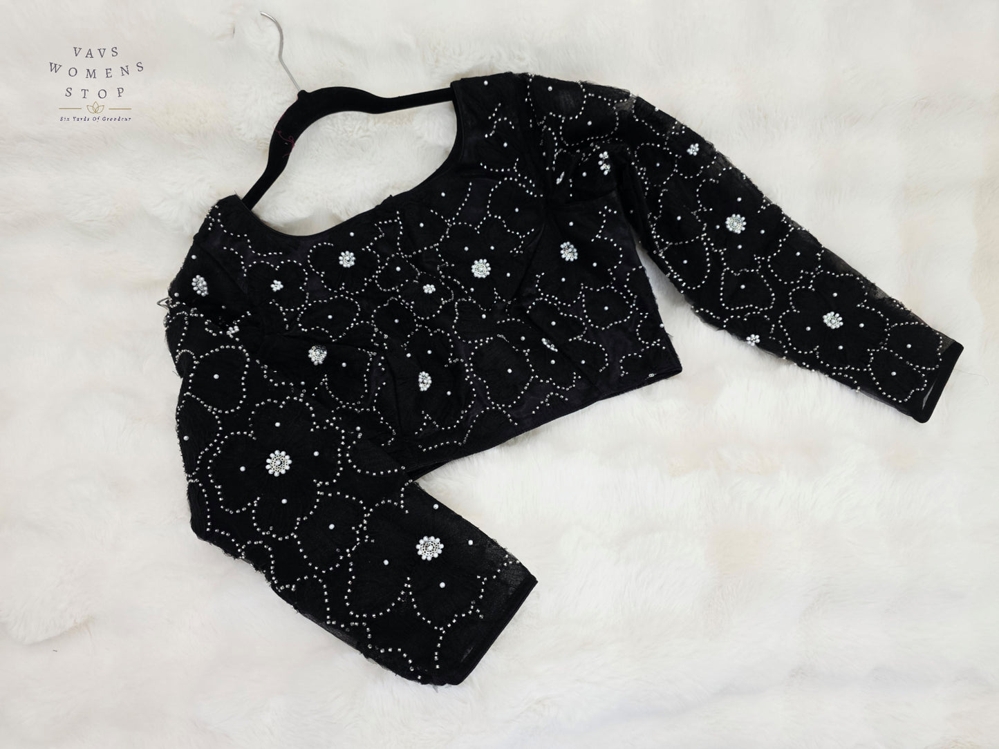 Luxury Midnight Onyx Black Designer Net Crystal Work Blouse | Full Sleeves | Size 36-42