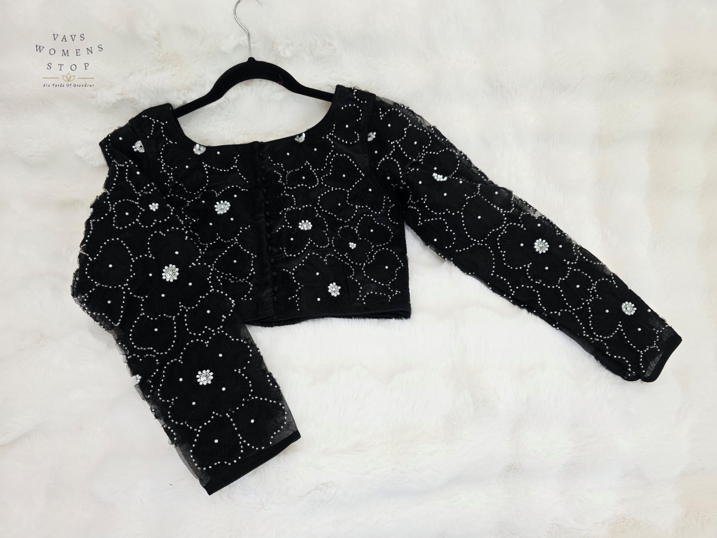 Luxury Midnight Onyx Black Designer Net Crystal Work Blouse | Full Sleeves | Size 36-42