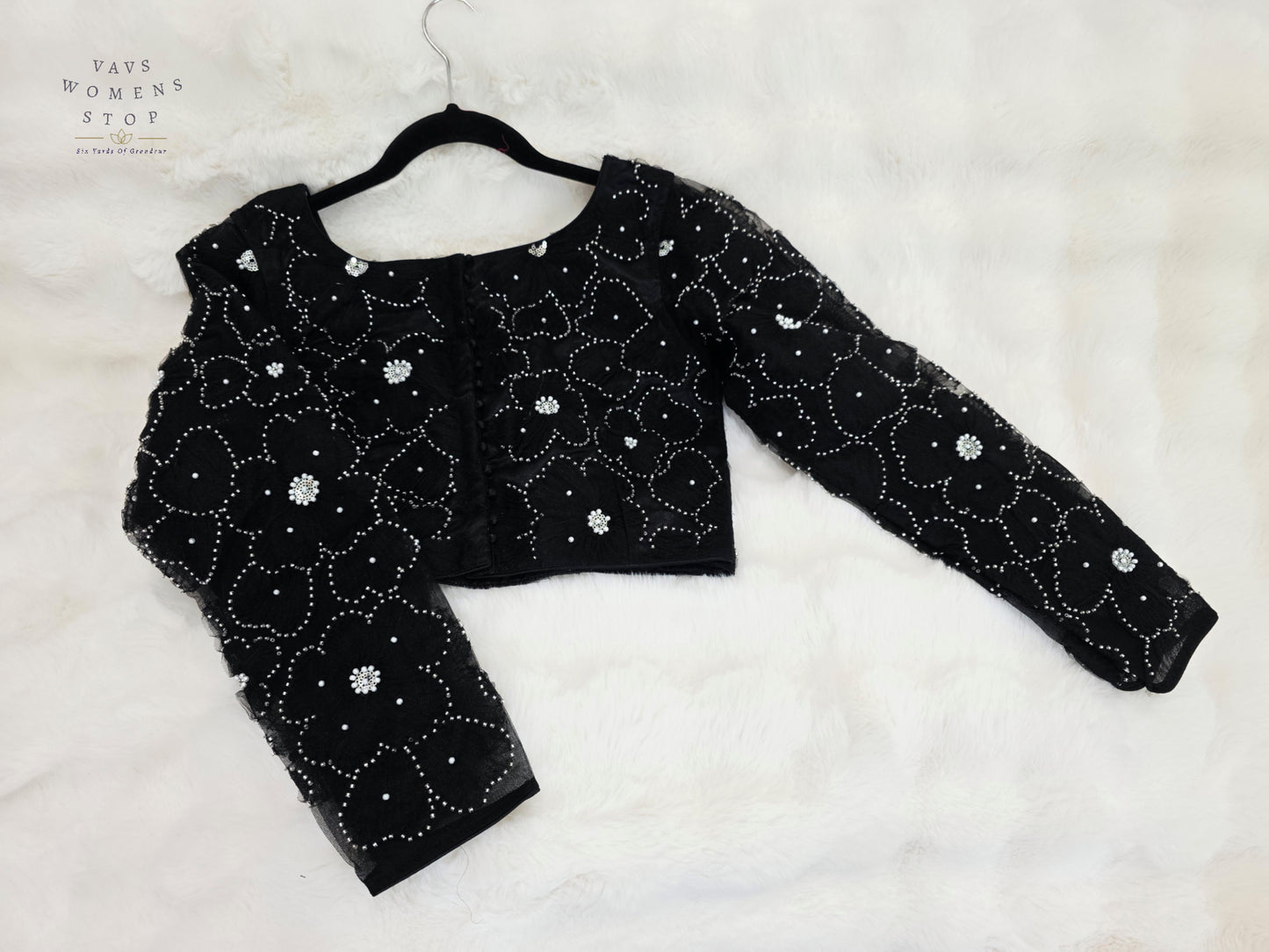 Luxury Midnight Onyx Black Designer Net Crystal Work Blouse | Full Sleeves | Size 36-42