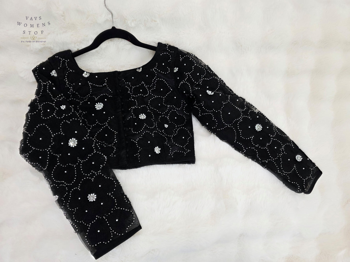 Luxury Midnight Onyx Black Designer Net Crystal Work Blouse | Full Sleeves | Size 36-42