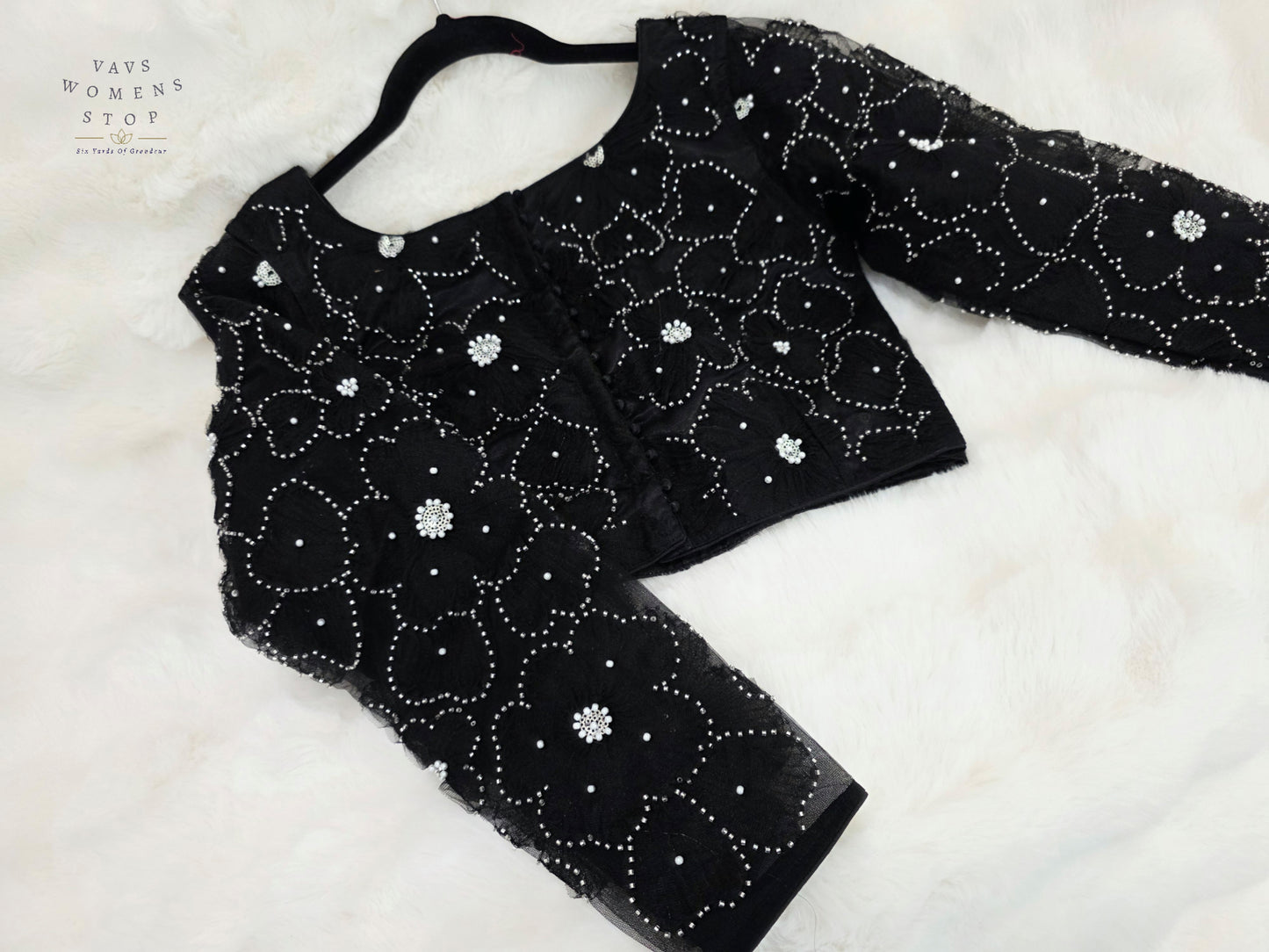 Luxury Midnight Onyx Black Designer Net Crystal Work Blouse | Full Sleeves | Size 36-42