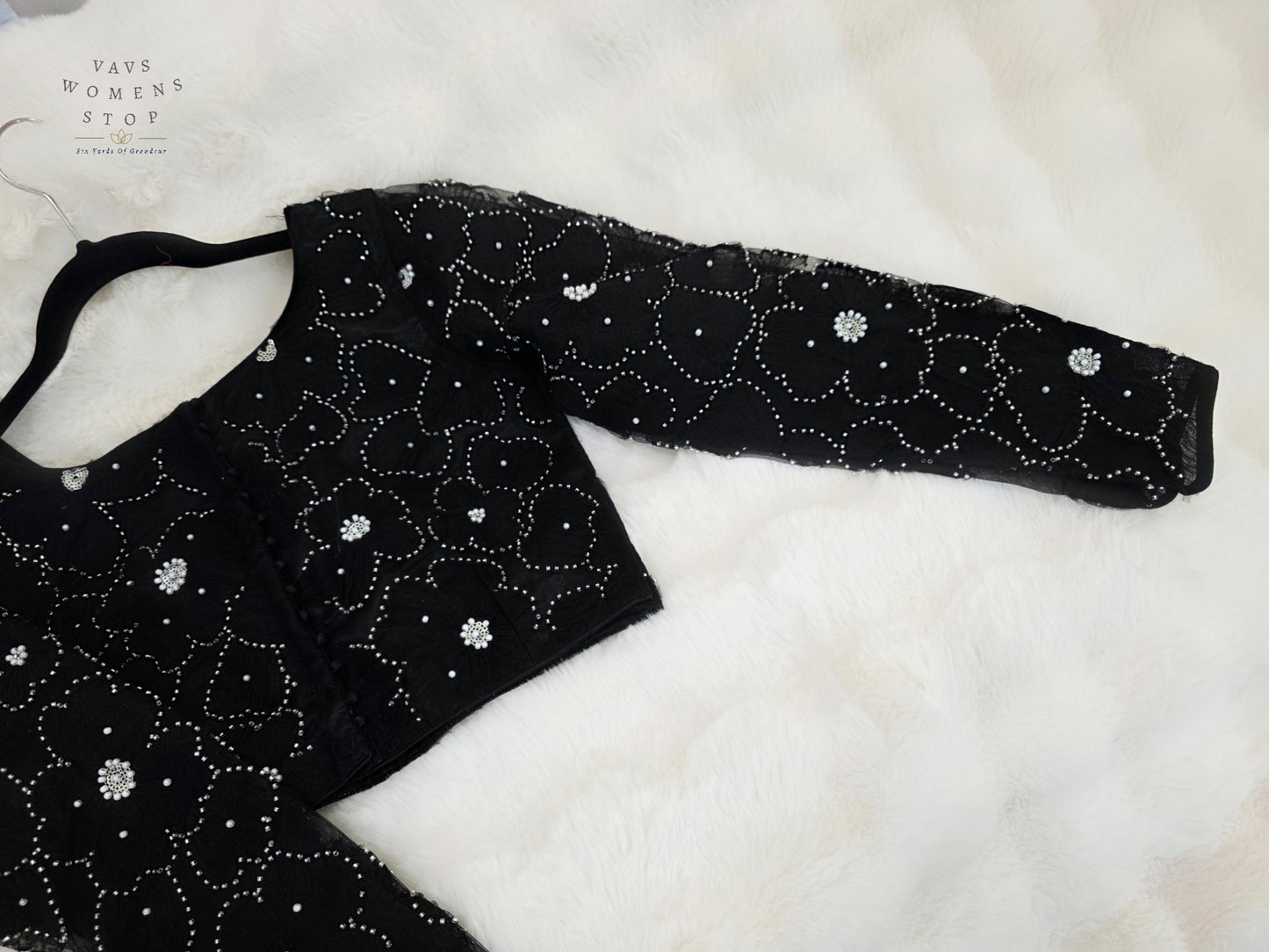 Luxury Midnight Onyx Black Designer Net Crystal Work Blouse | Full Sleeves | Size 36-42