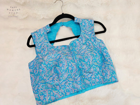 Aqua Frost Paisley Benarasi Silk Sleeveless Designer Blouse