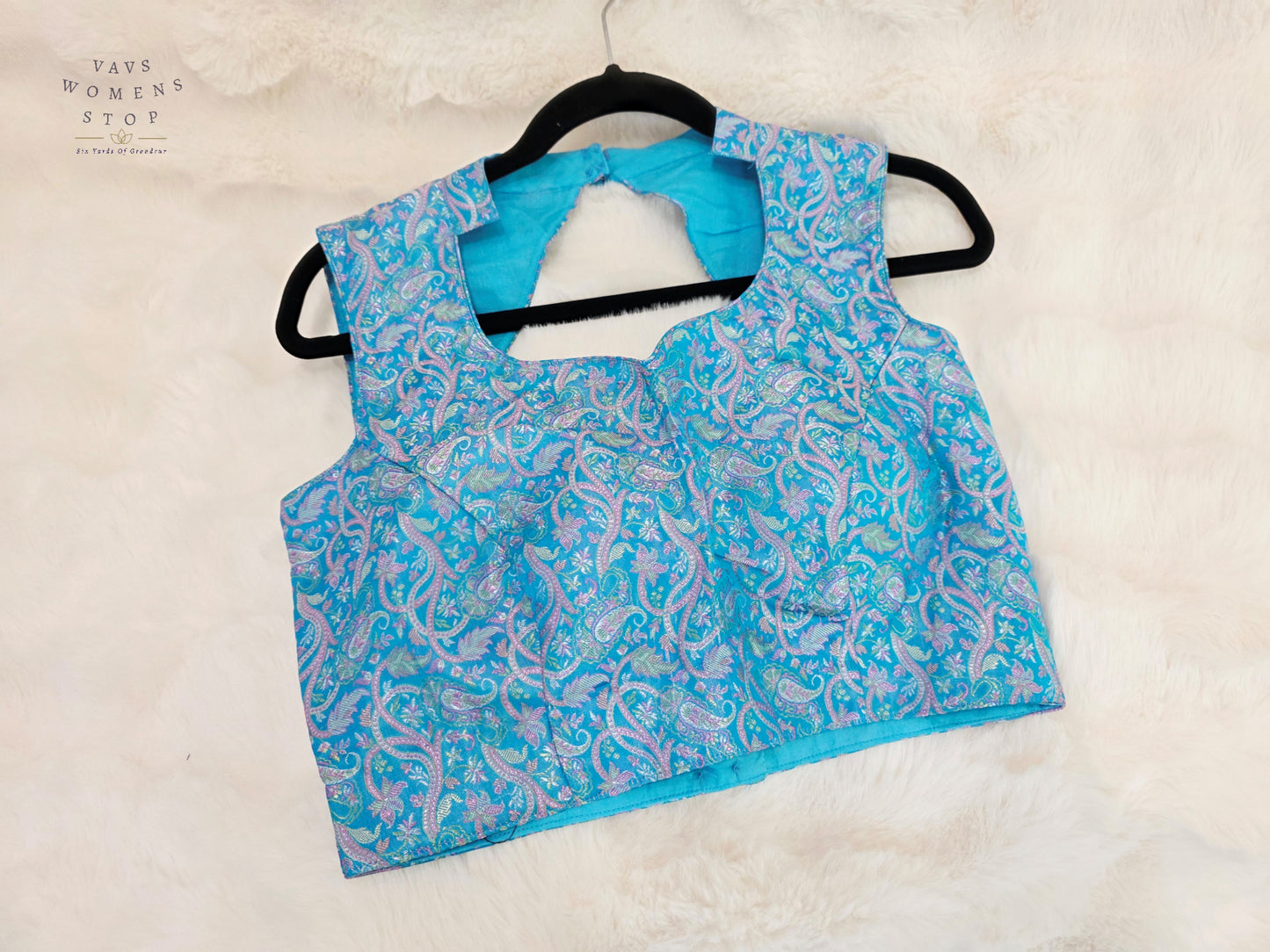 Aqua Frost Paisley Benarasi Silk Sleeveless Designer Blouse
