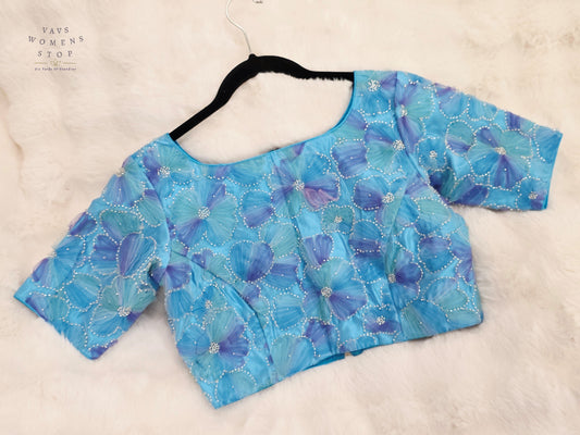 Ocean Sapphire Floral Designer Net Blouse with Crystal Embellishments