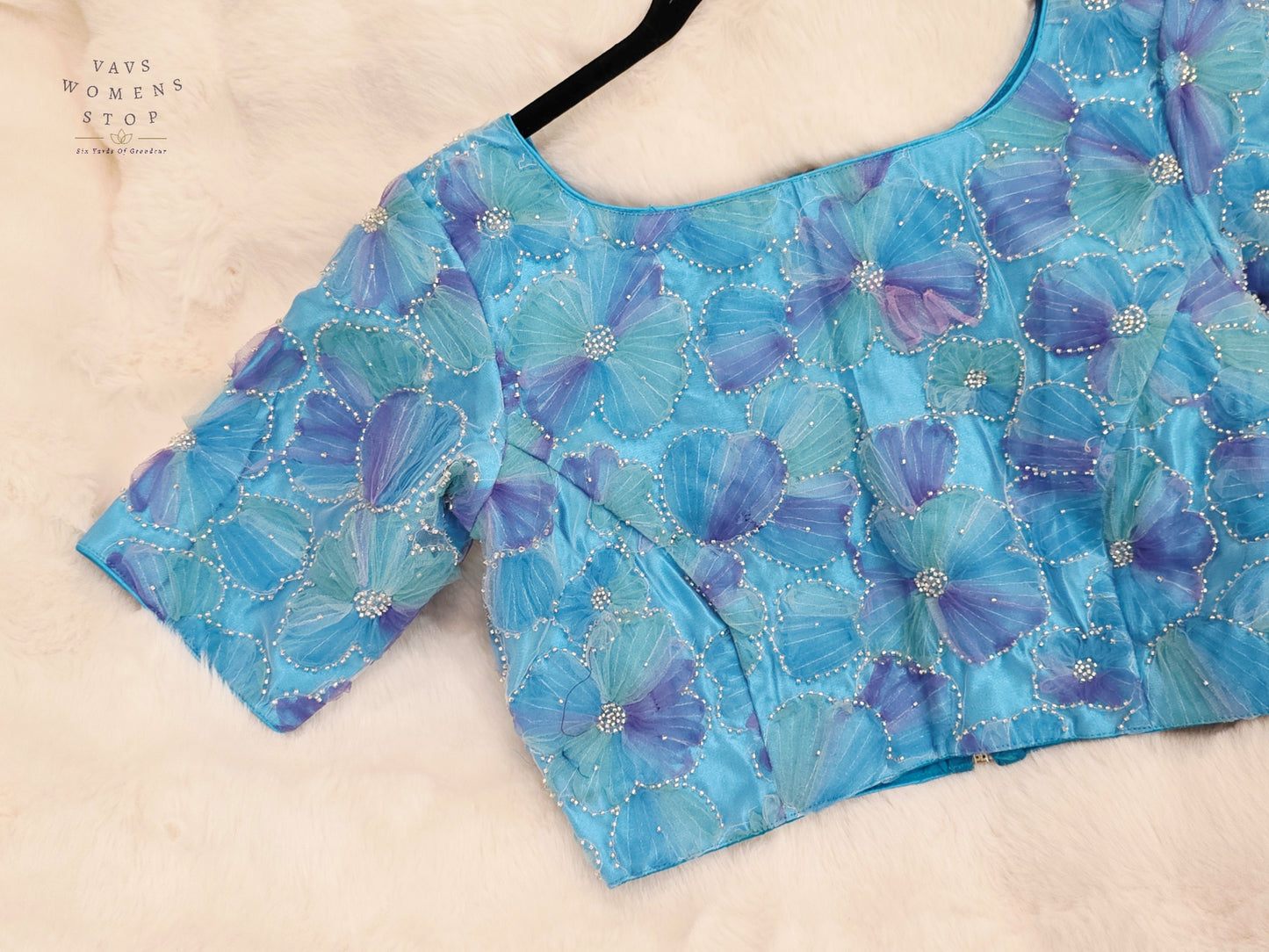 Ocean Sapphire Floral Designer Net Blouse with Crystal Embellishments