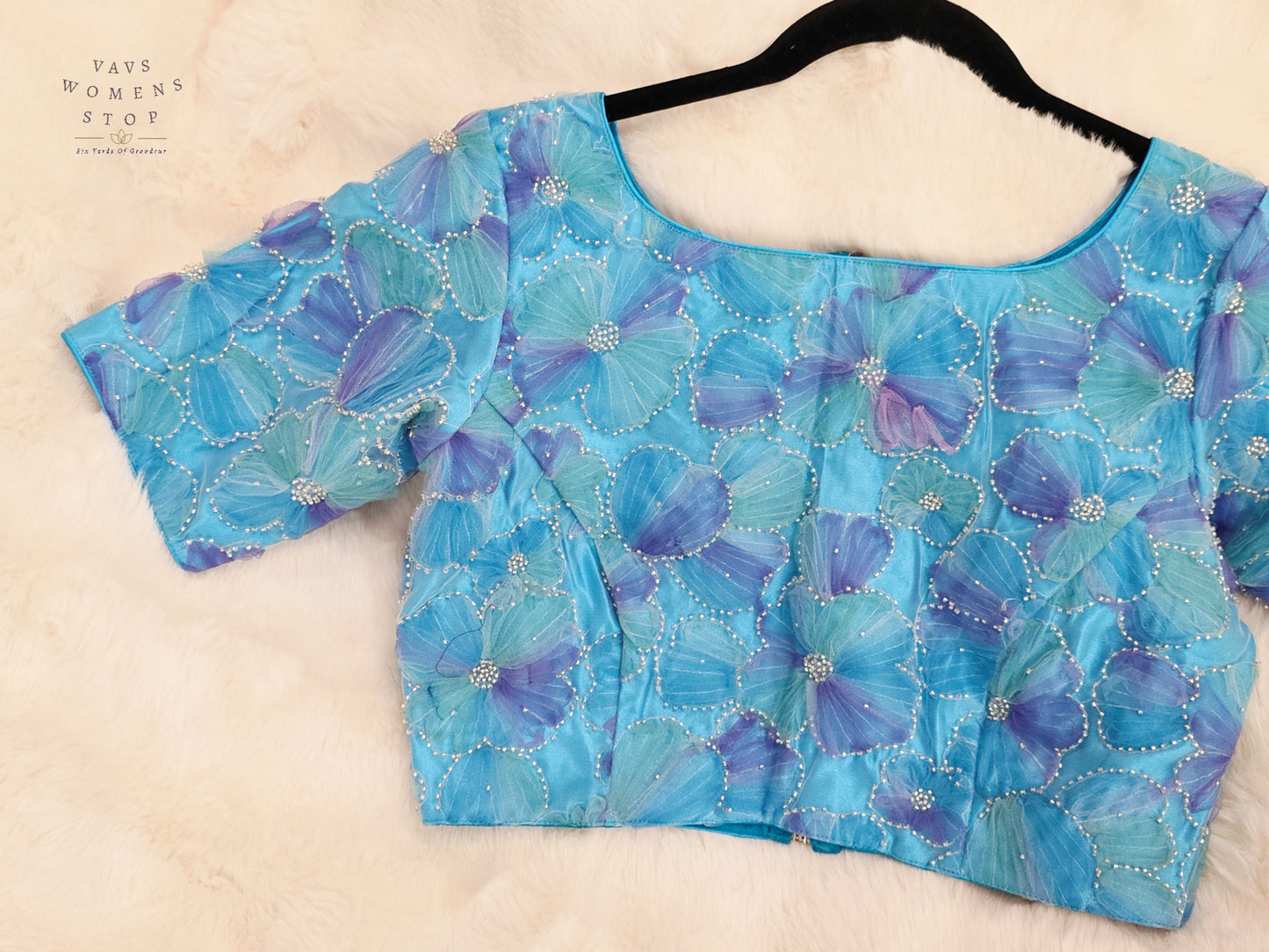 Ocean Sapphire Floral Designer Net Blouse with Crystal Embellishments