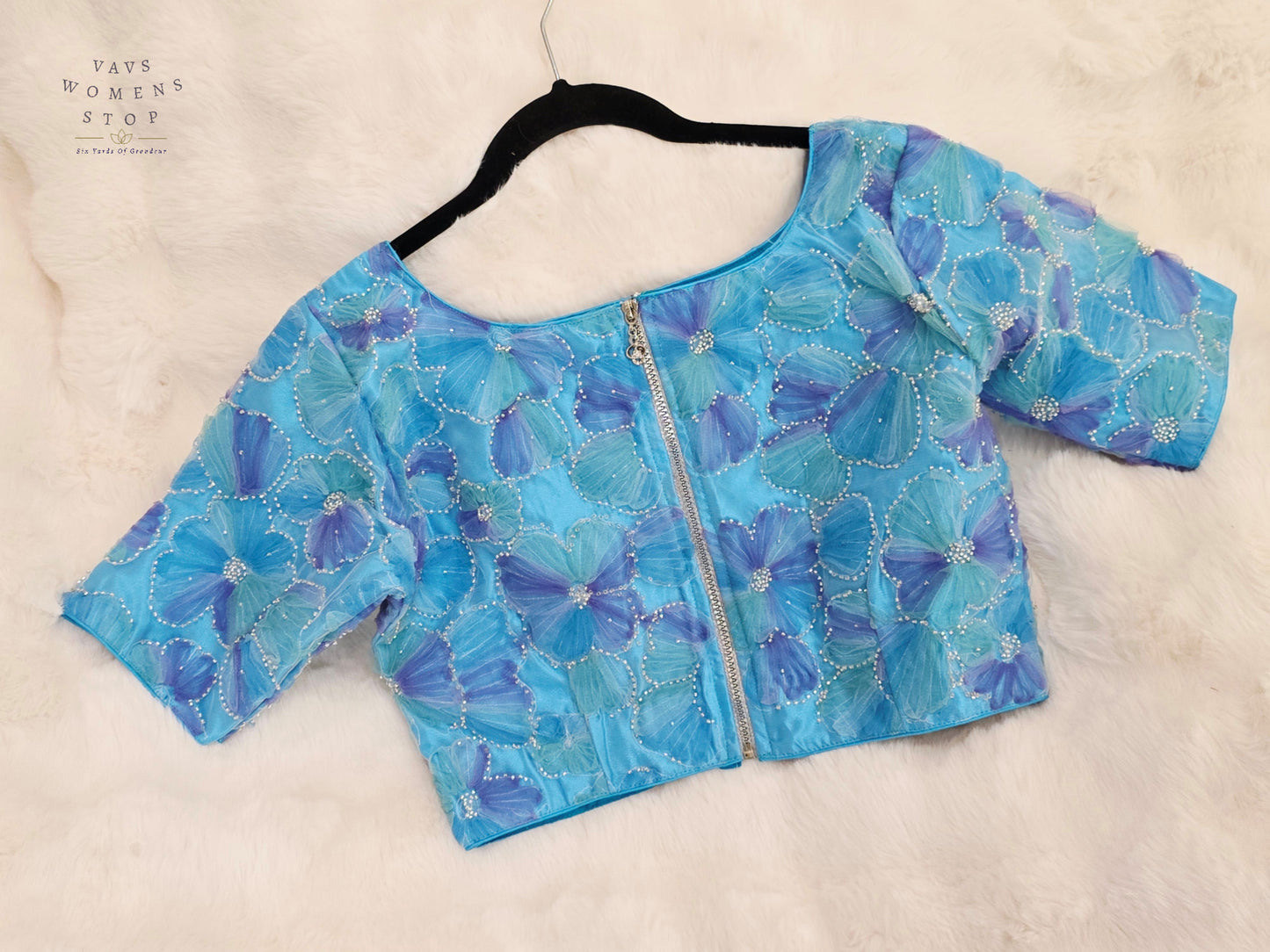 Ocean Sapphire Floral Designer Net Blouse with Crystal Embellishments