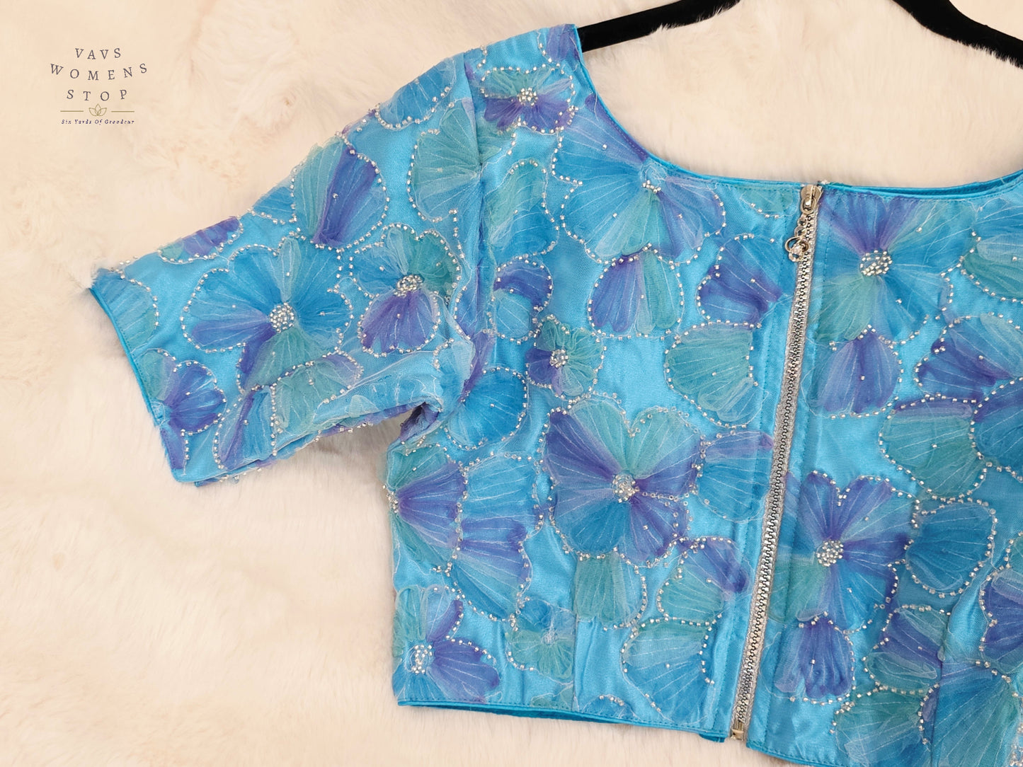 Ocean Sapphire Floral Designer Net Blouse with Crystal Embellishments