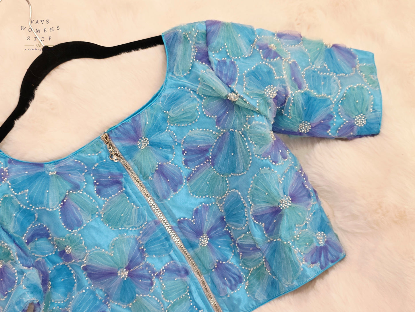 Ocean Sapphire Floral Designer Net Blouse with Crystal Embellishments