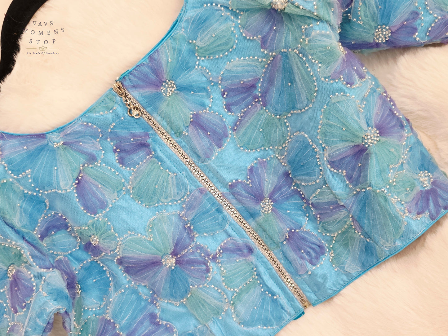 Ocean Sapphire Floral Designer Net Blouse with Crystal Embellishments