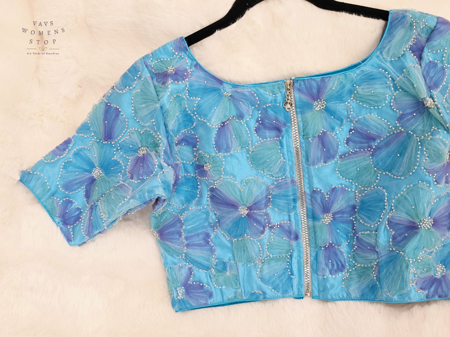 Ocean Sapphire Floral Designer Net Blouse with Crystal Embellishments