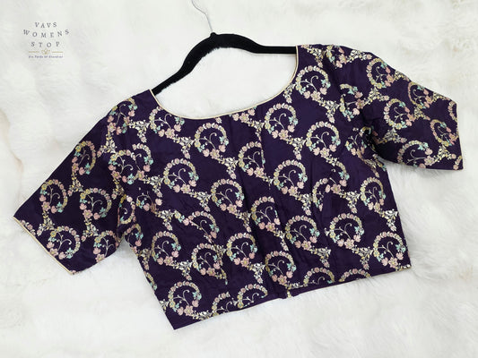 Royal Aubergine Floral Vine Munga Benarasi Silk Designer Blouse | Size 38-44