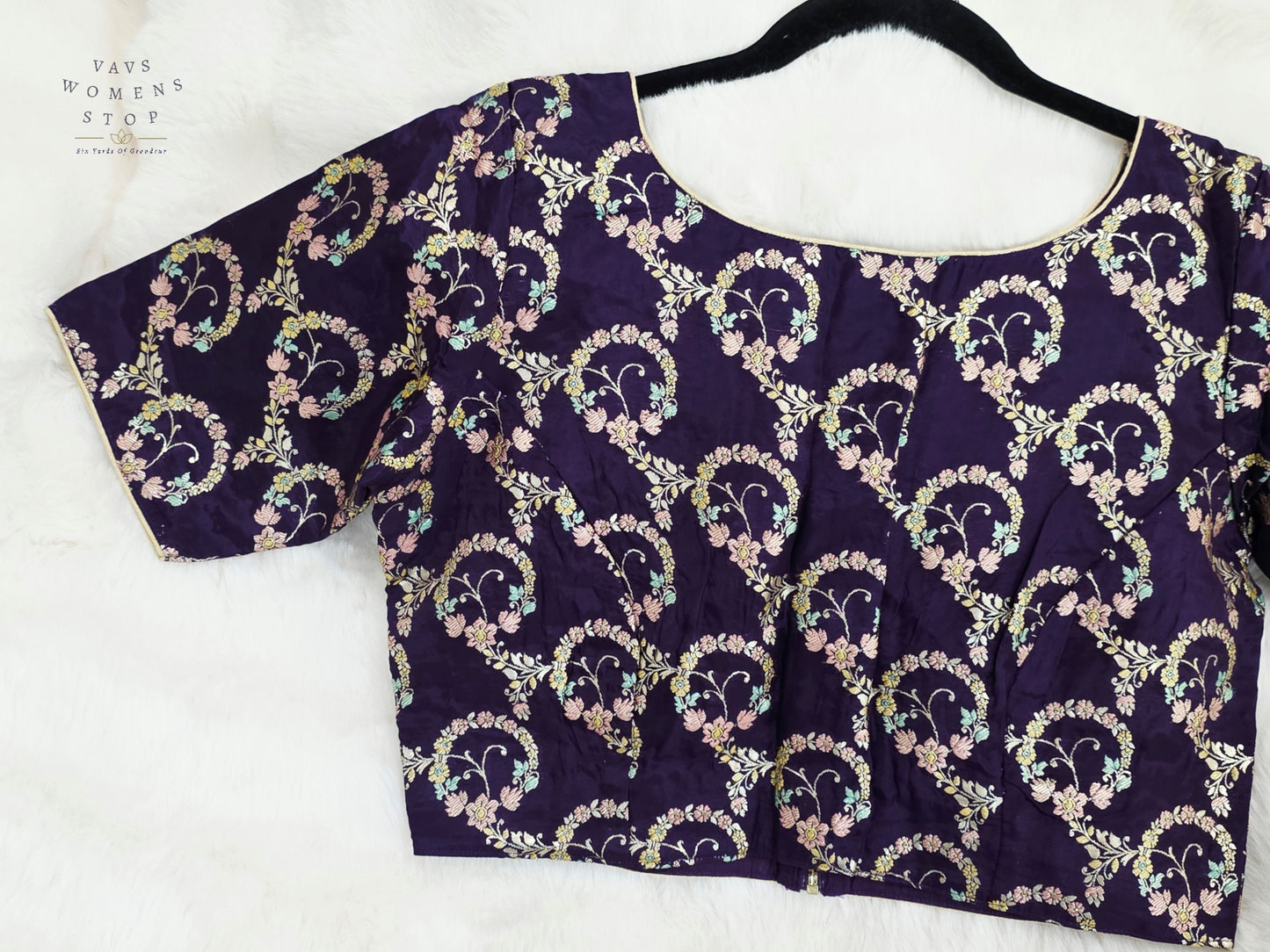 Royal Aubergine Floral Vine Munga Benarasi Silk Designer Blouse | Size 38-44