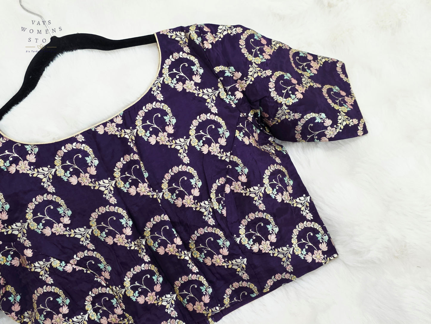 Royal Aubergine Floral Vine Munga Benarasi Silk Designer Blouse | Size 38-44