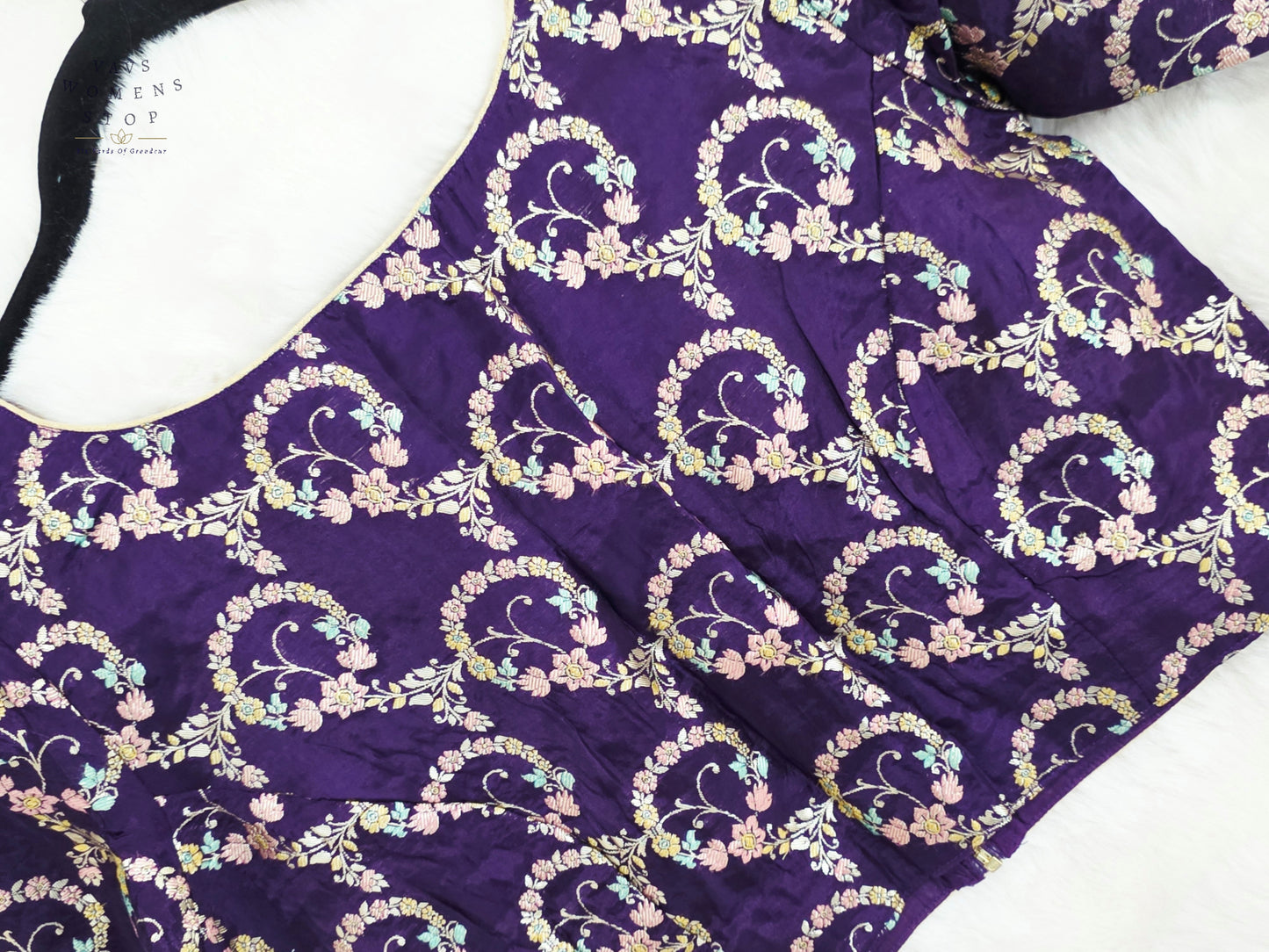 Royal Aubergine Floral Vine Munga Benarasi Silk Designer Blouse | Size 38-44