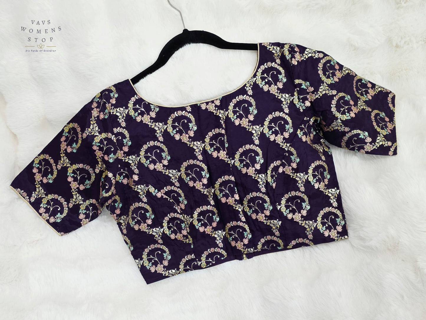 Royal Aubergine Floral Vine Munga Benarasi Silk Designer Blouse | Size 38-44