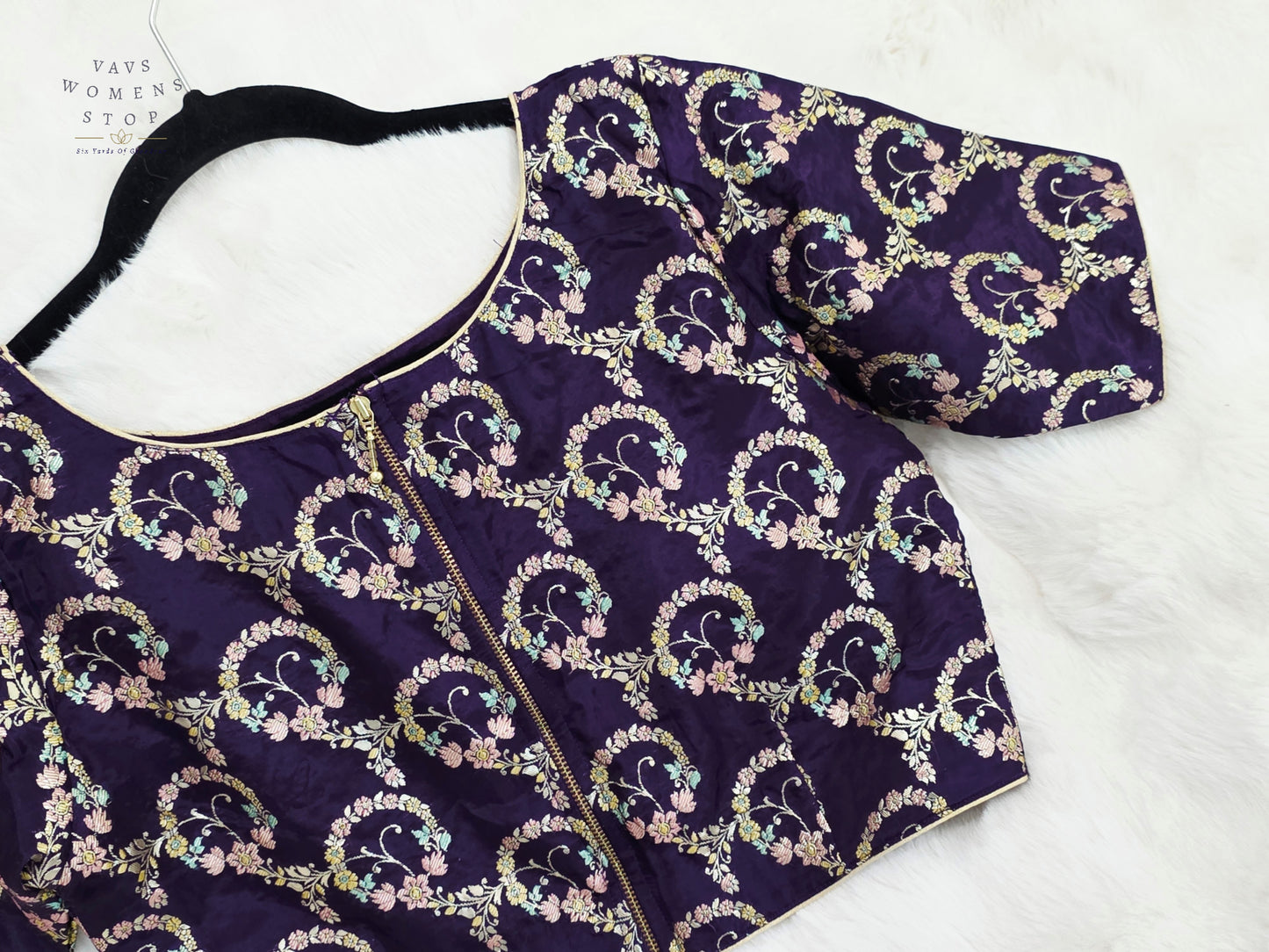 Royal Aubergine Floral Vine Munga Benarasi Silk Designer Blouse | Size 38-44