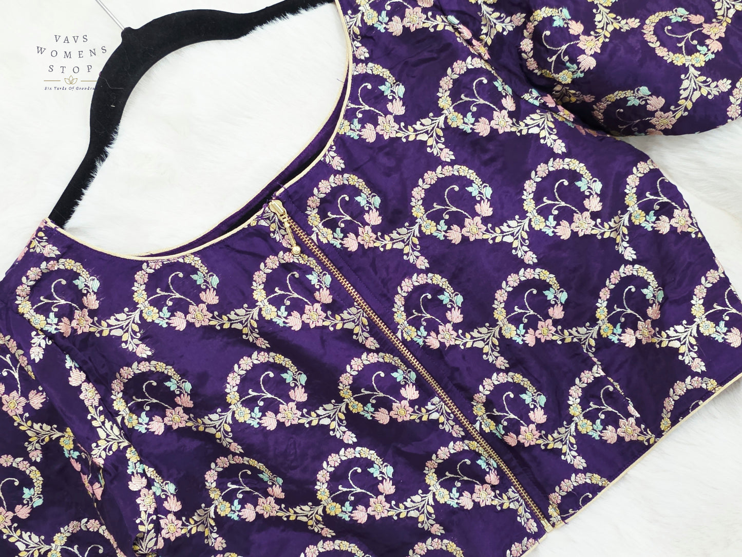 Royal Aubergine Floral Vine Munga Benarasi Silk Designer Blouse | Size 38-44