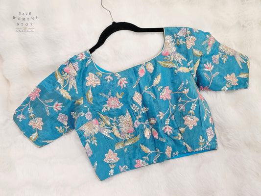 Turquoise Bloom Tissue Embroidery & Sequins Designer Blouse