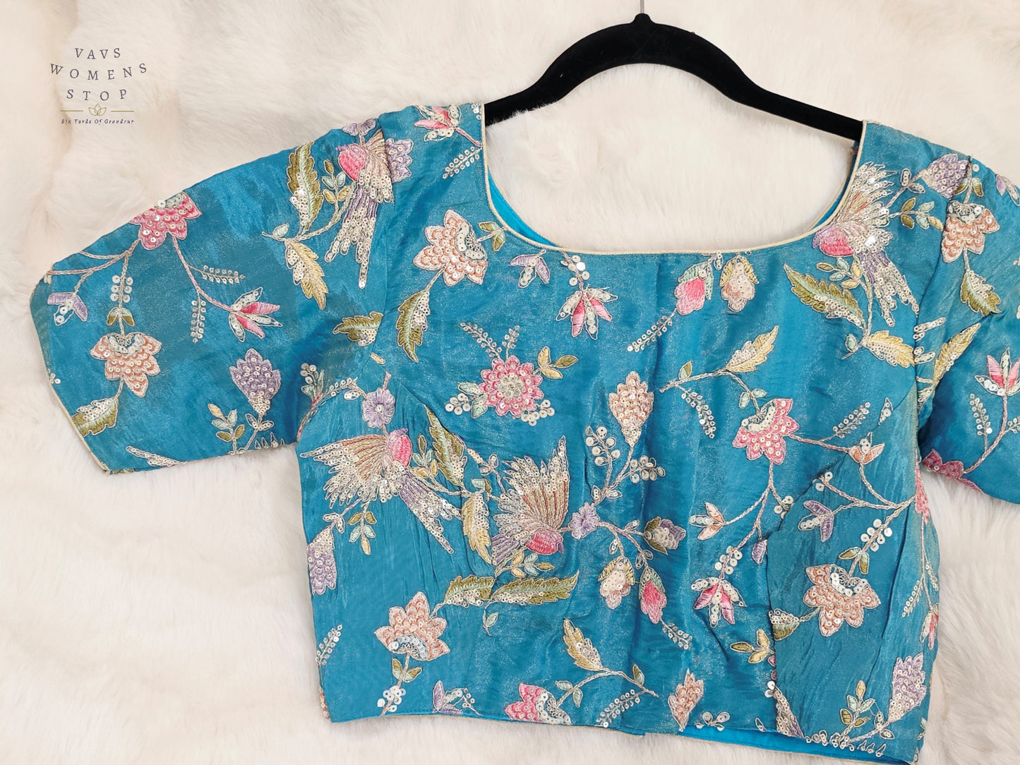 Turquoise Bloom Tissue Embroidery & Sequins Designer Blouse